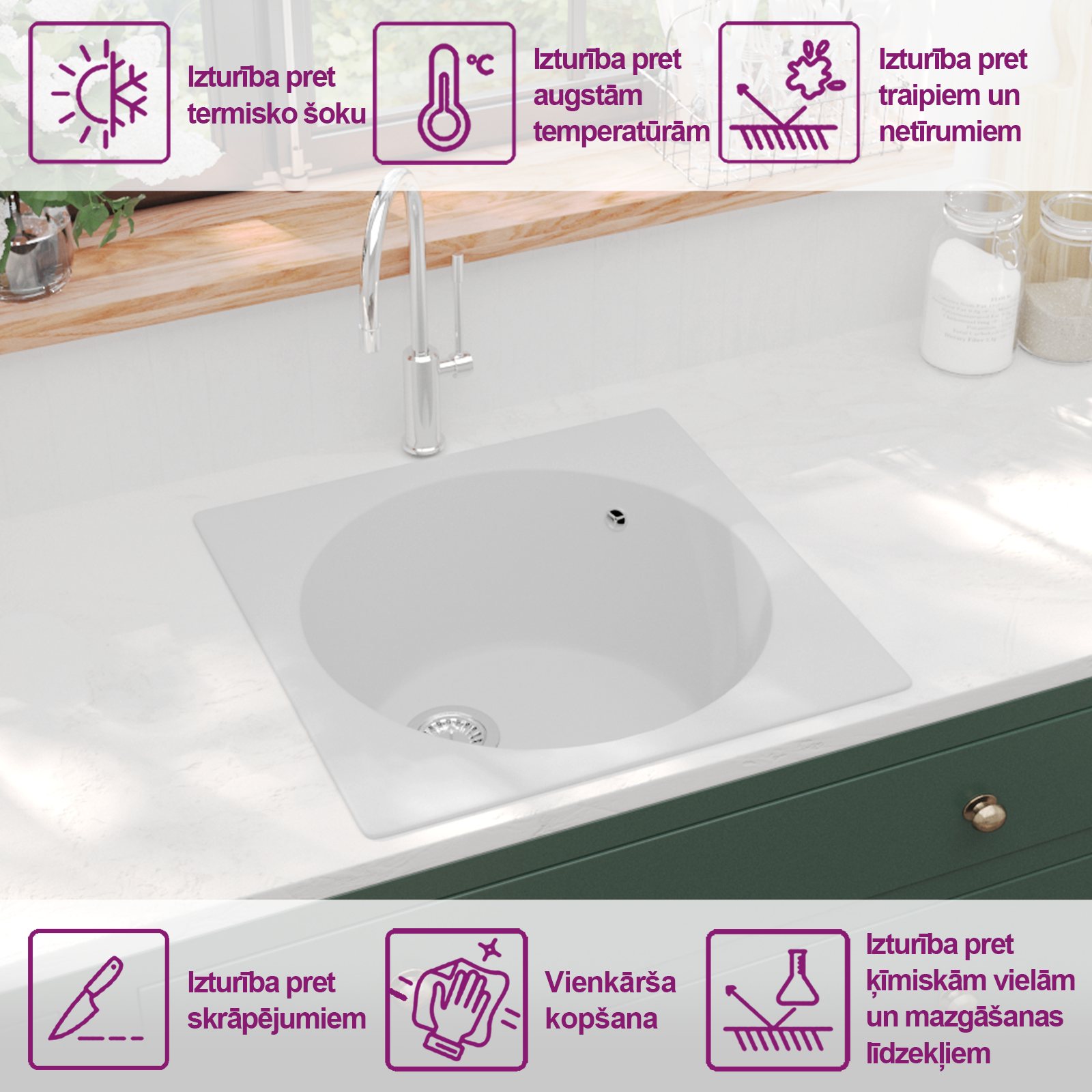 Virtuves izlietne Balts 48 x 48 x 20.5 cm Granīts