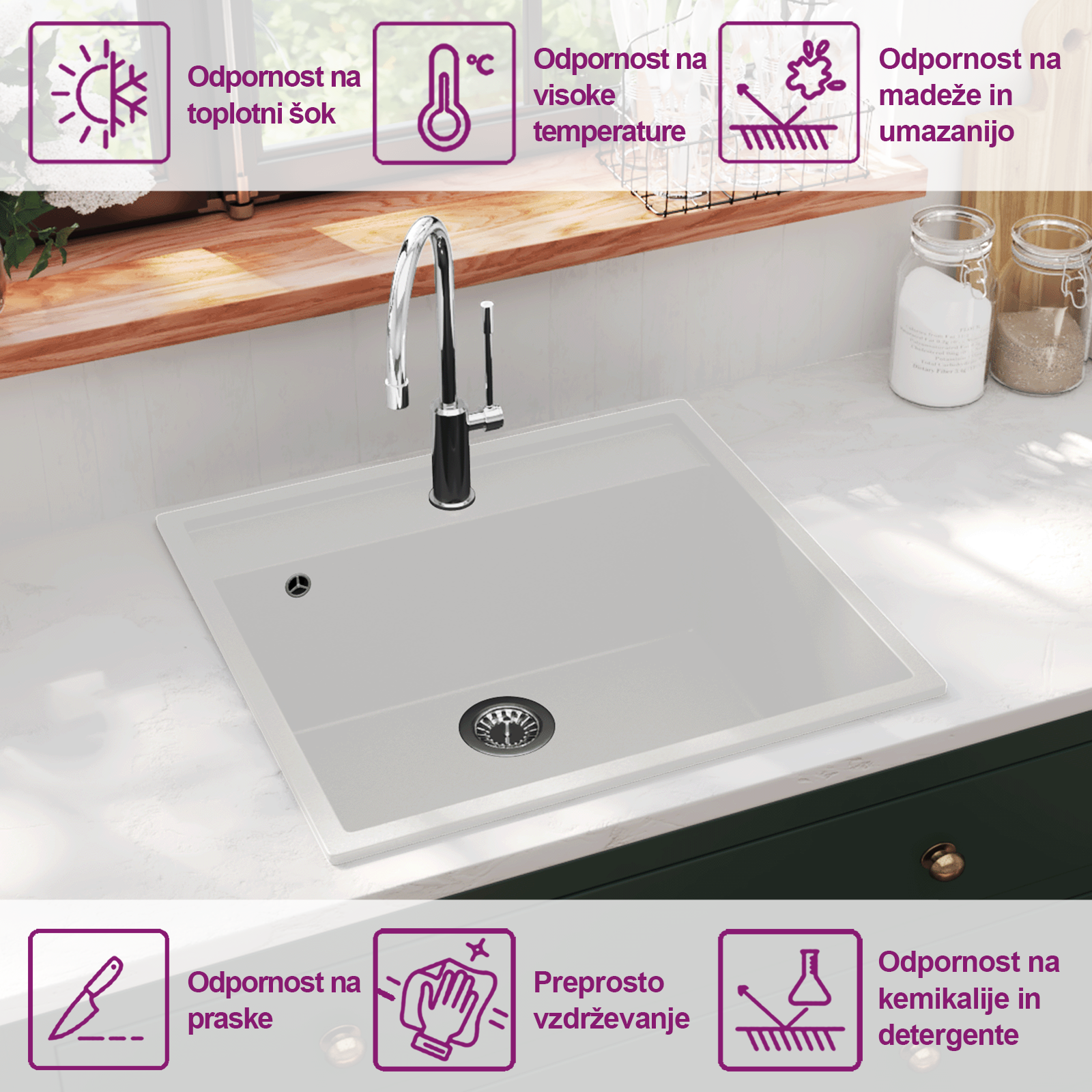 Kuhinjsko pomivalno korito z luknjo bel granit - slika 10