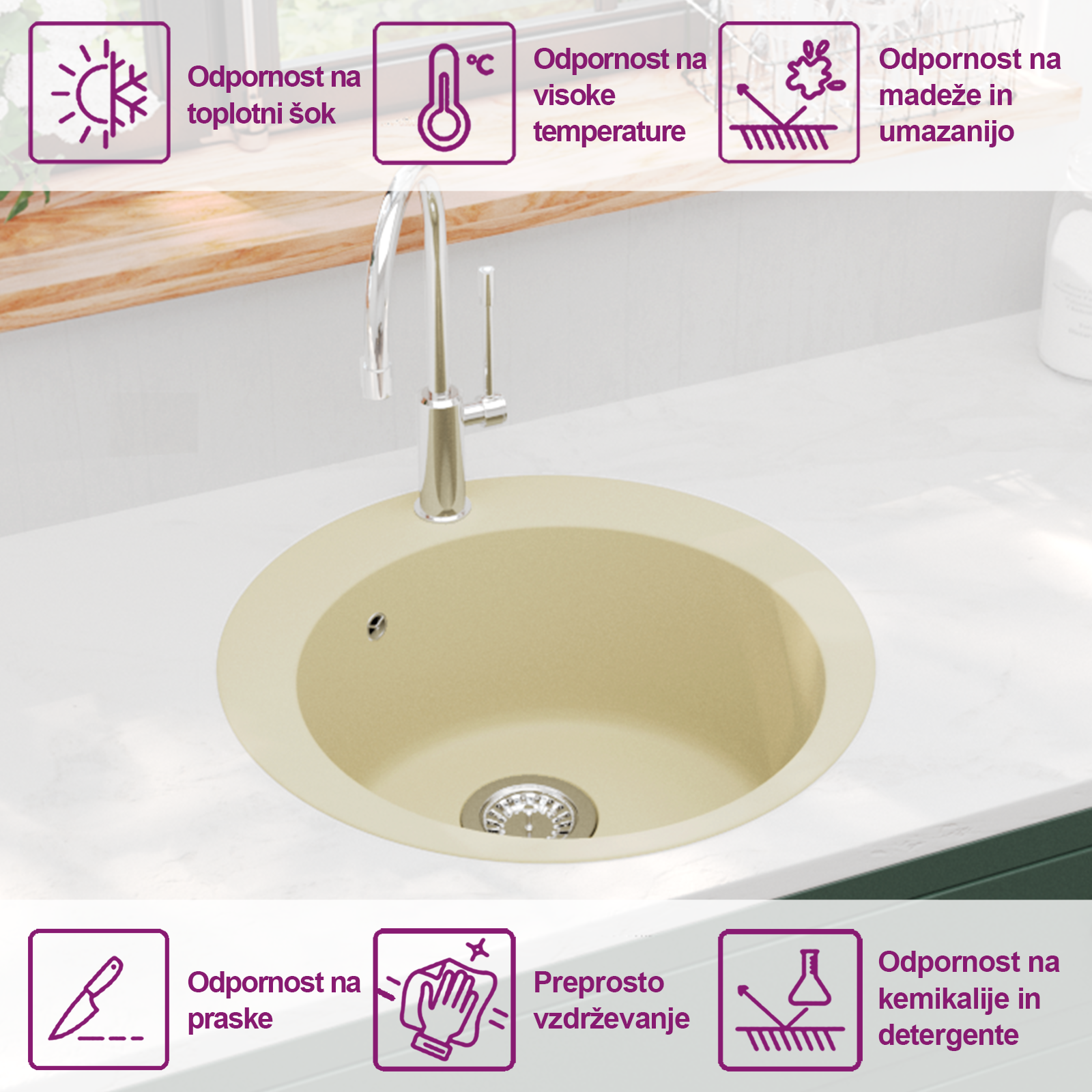 Enojno kuhinjsko pomivalno korito iz granita okroglo bež - slika 9