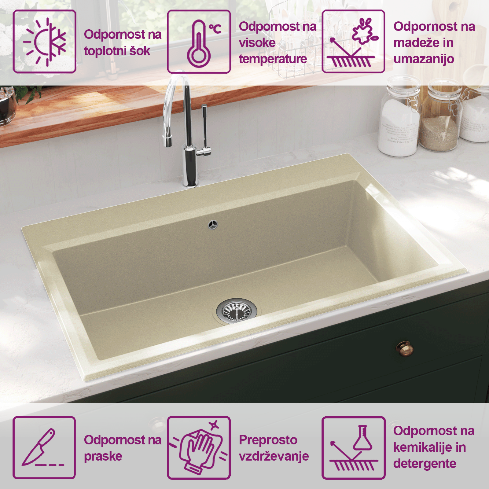 Kuhinjska umivalnica Bež 79 x 50 x 31 cm Kvač in smola - slika 11