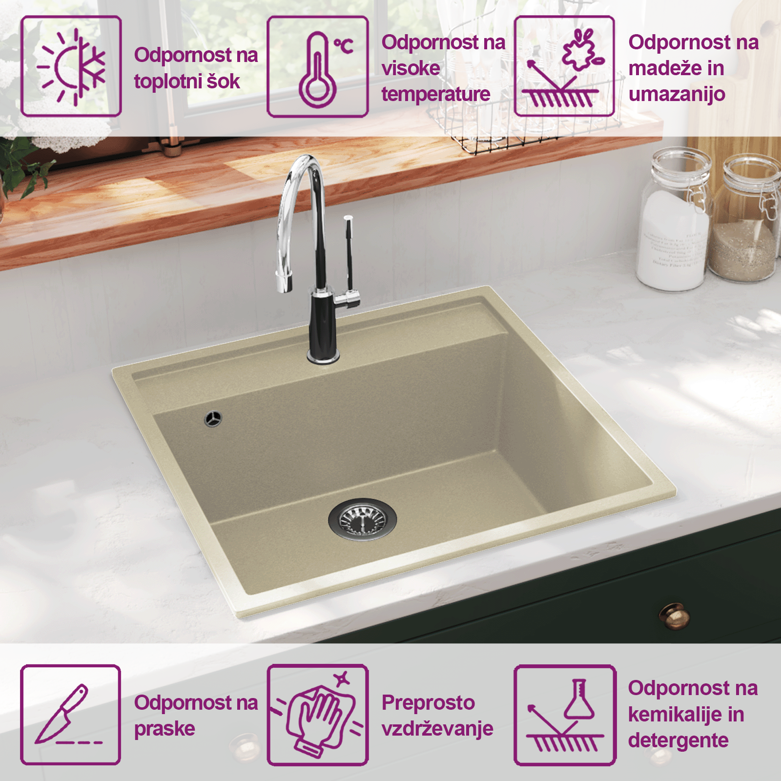 Kuhinjsko pomivalno korito z luknjo bež granit - slika 10