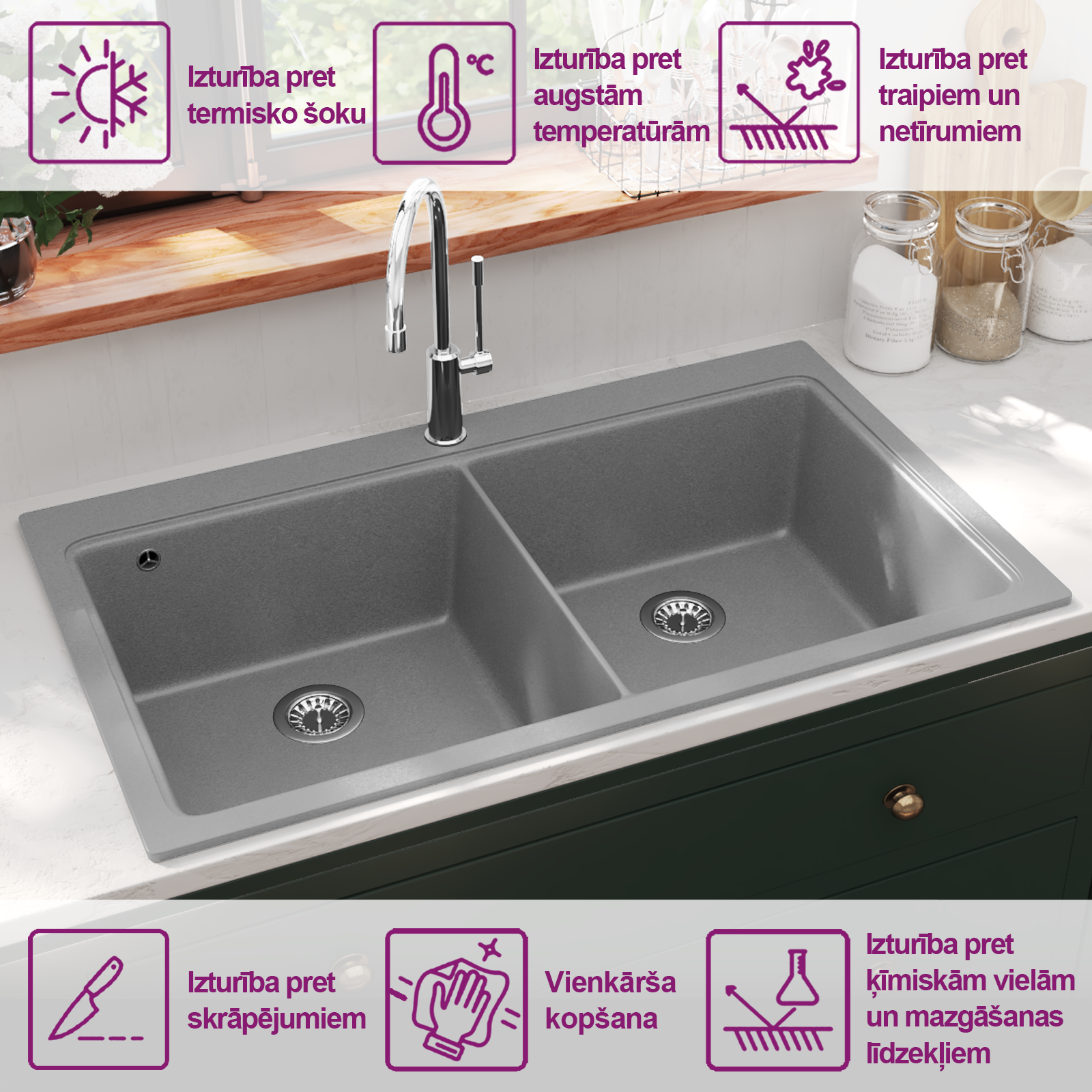 Built-In double granite sink, gray