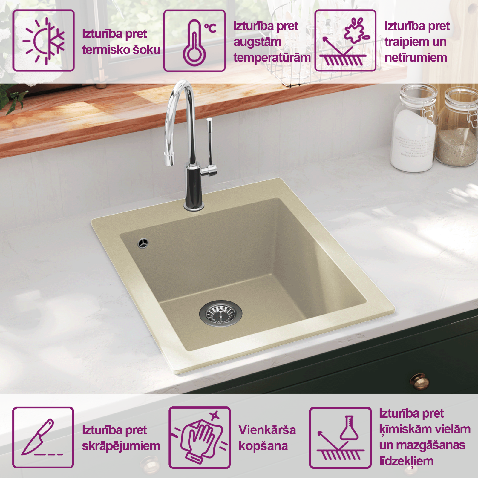 Kitchen sink, single bowl, beige, granite