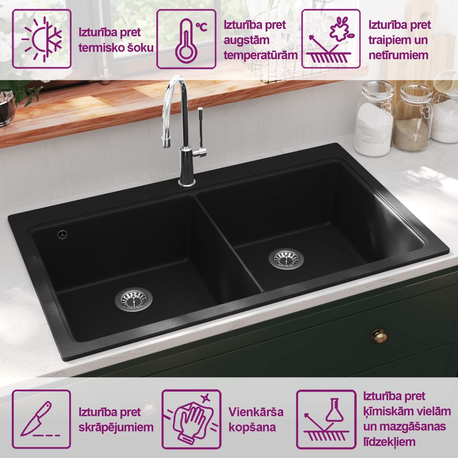 Iebūvējamā dubultā granīta izlietne, melna