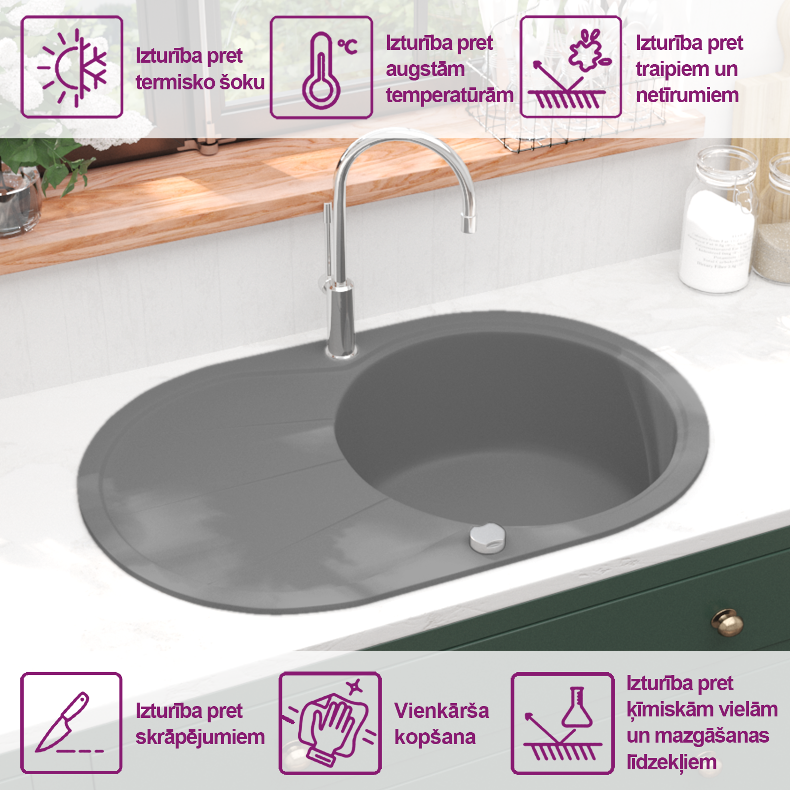 virtuves izlietne, viena bļoda, ovāla, pelēka, granīts