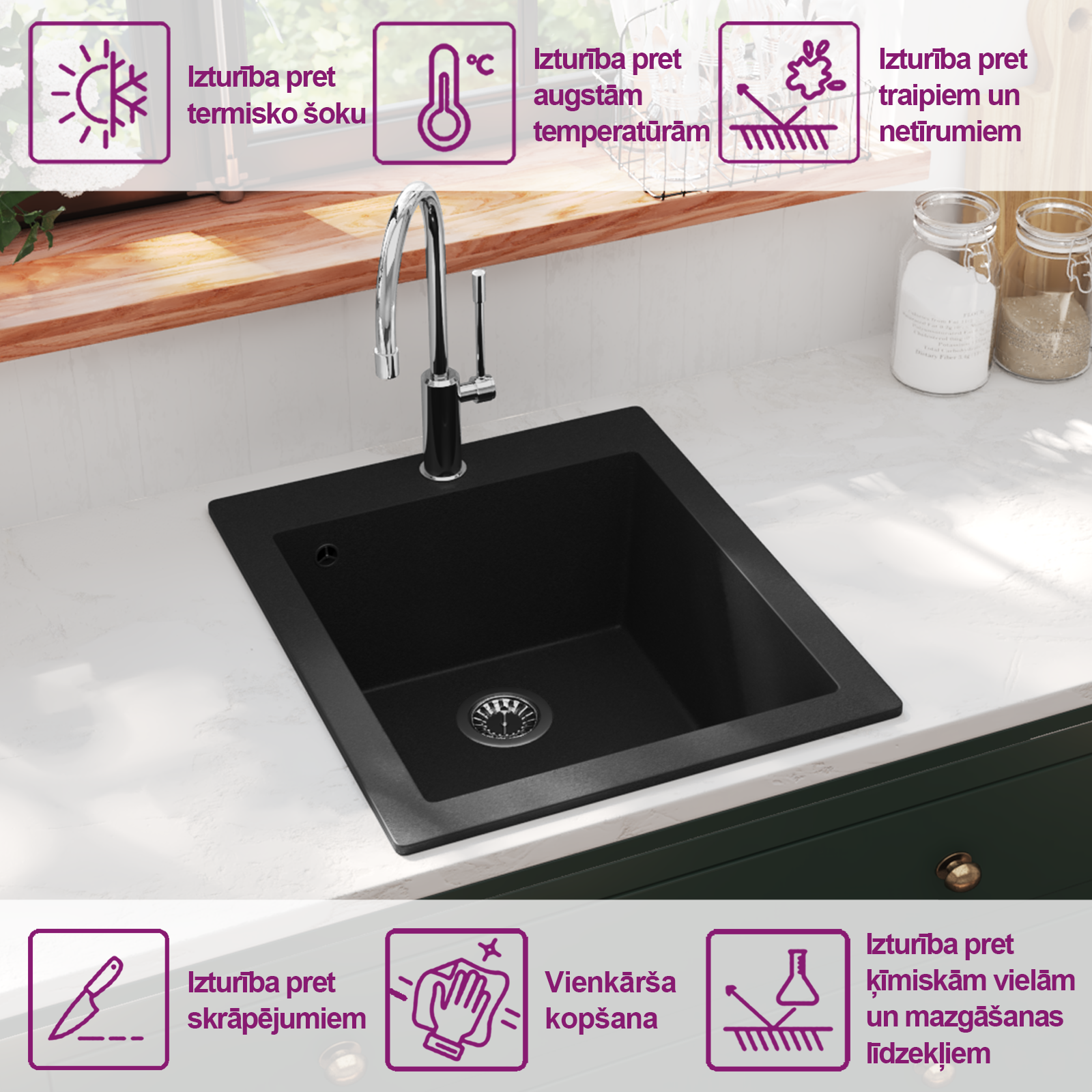 Встроенная кухонная мойка с одной чашей, черный гранит