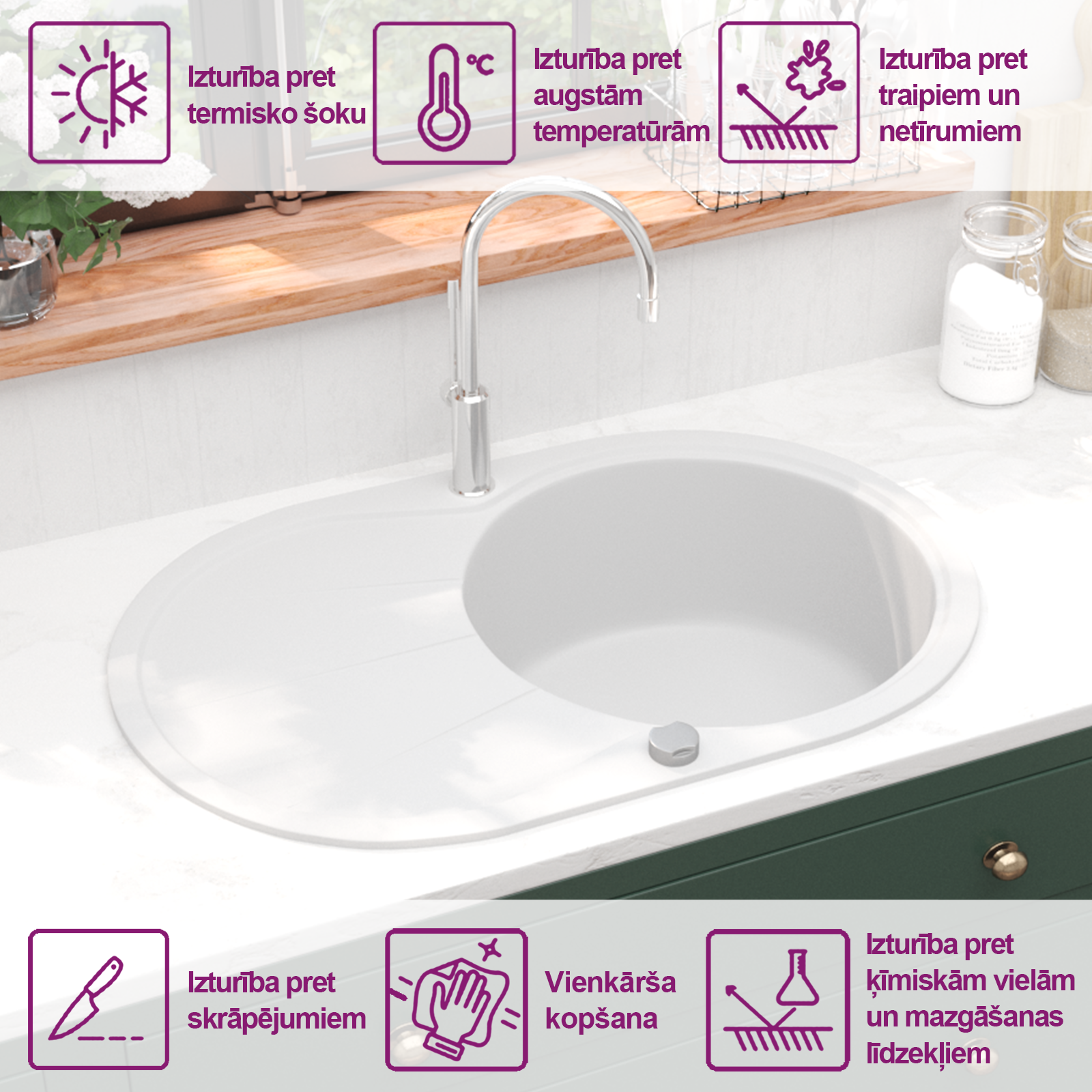 ovāla virtuves izlietne, viena bļoda, balts granīts