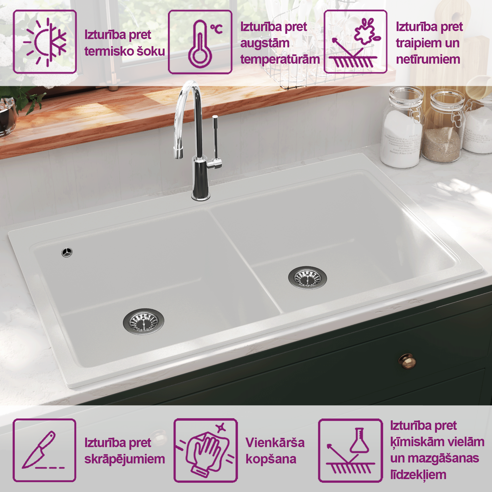 Iebūvējama dubultā granīta izlietne, balta