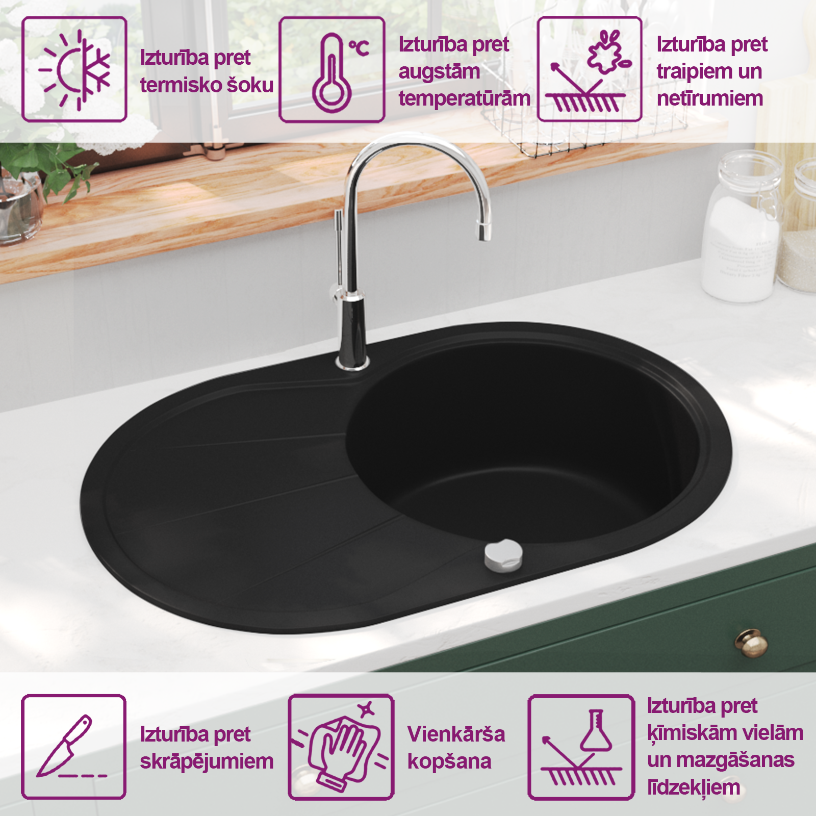 virtuves izlietne, viena bļoda, ovāla, melna, granīts