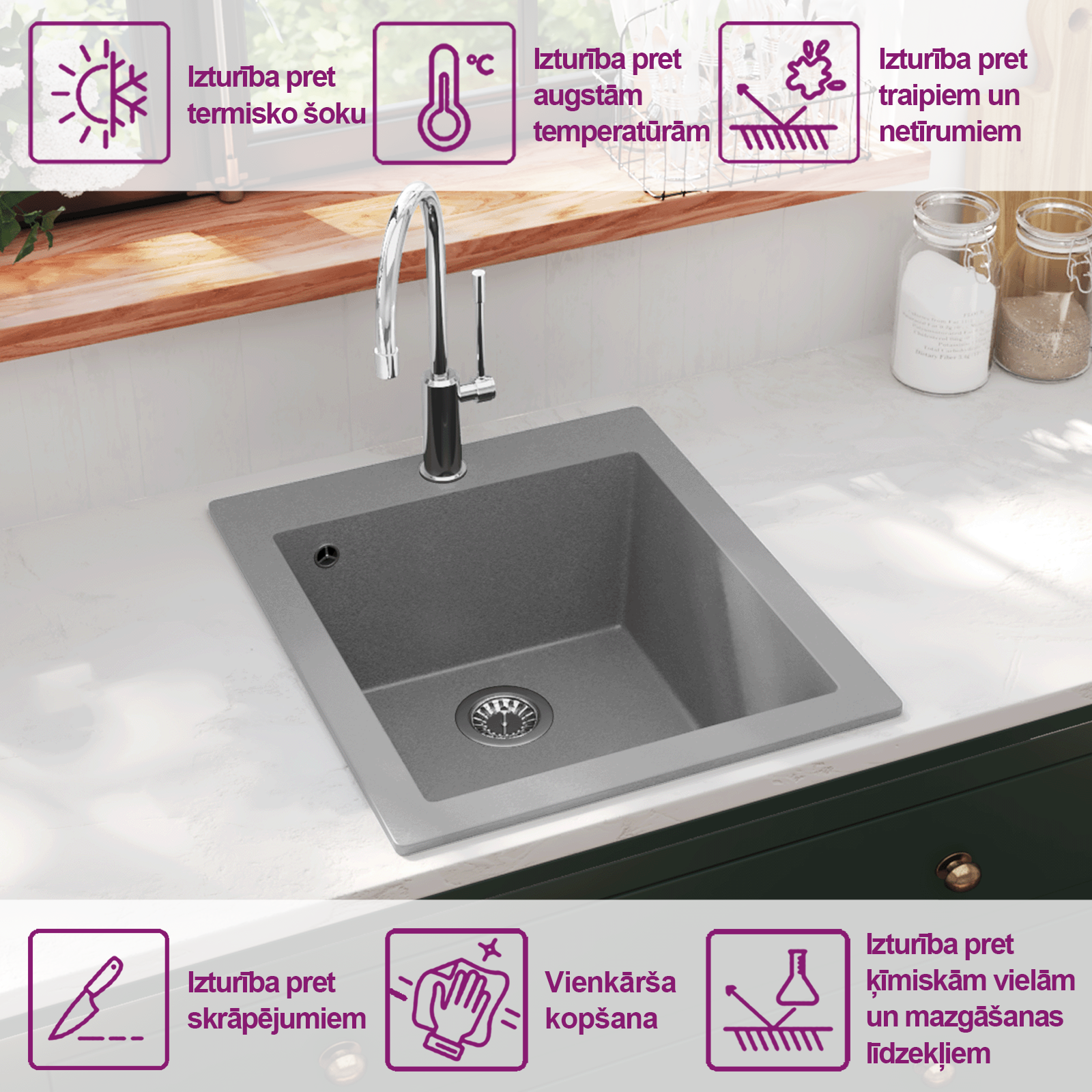 Встроенная кухонная мойка с одной чашей, серый гранит