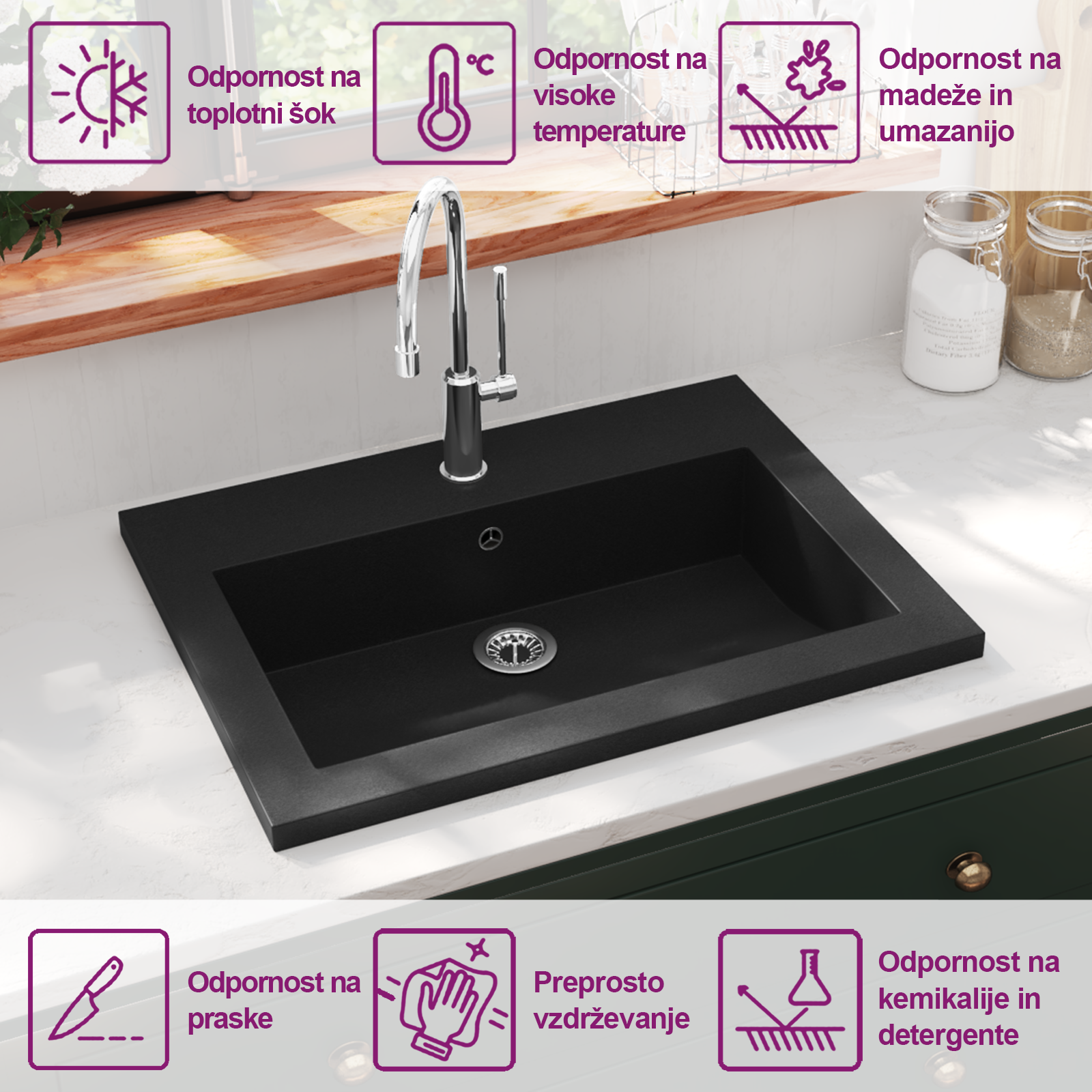 Granitni umivalnik 600x450x120 mm črn - slika 9