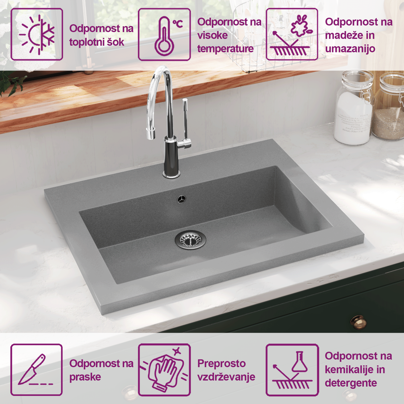 Granitni umivalnik 600x450x120 mm siv - slika 9