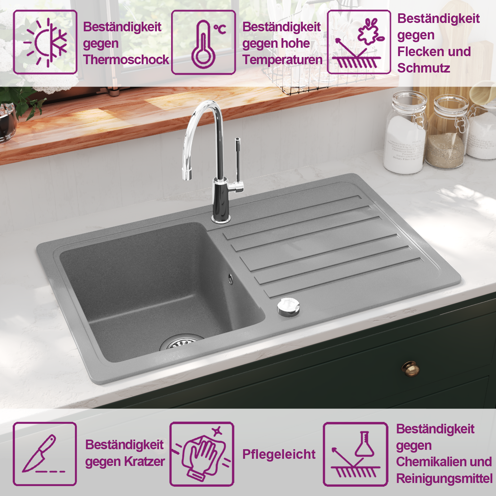 Granitspüle mit Abtropffläche Reversibel Grau – Ansicht 9