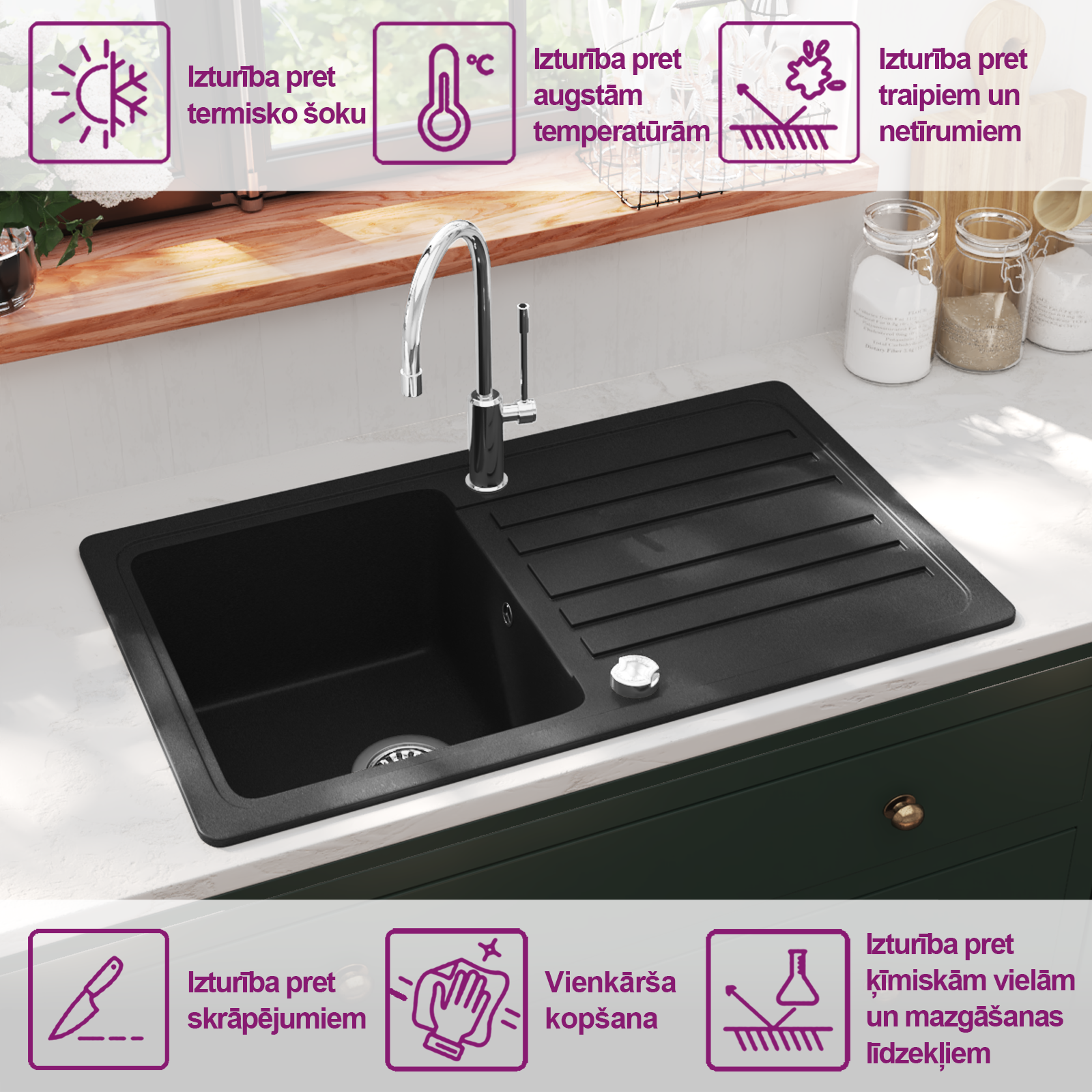 Granite kitchen sink with recess and space for drying, black