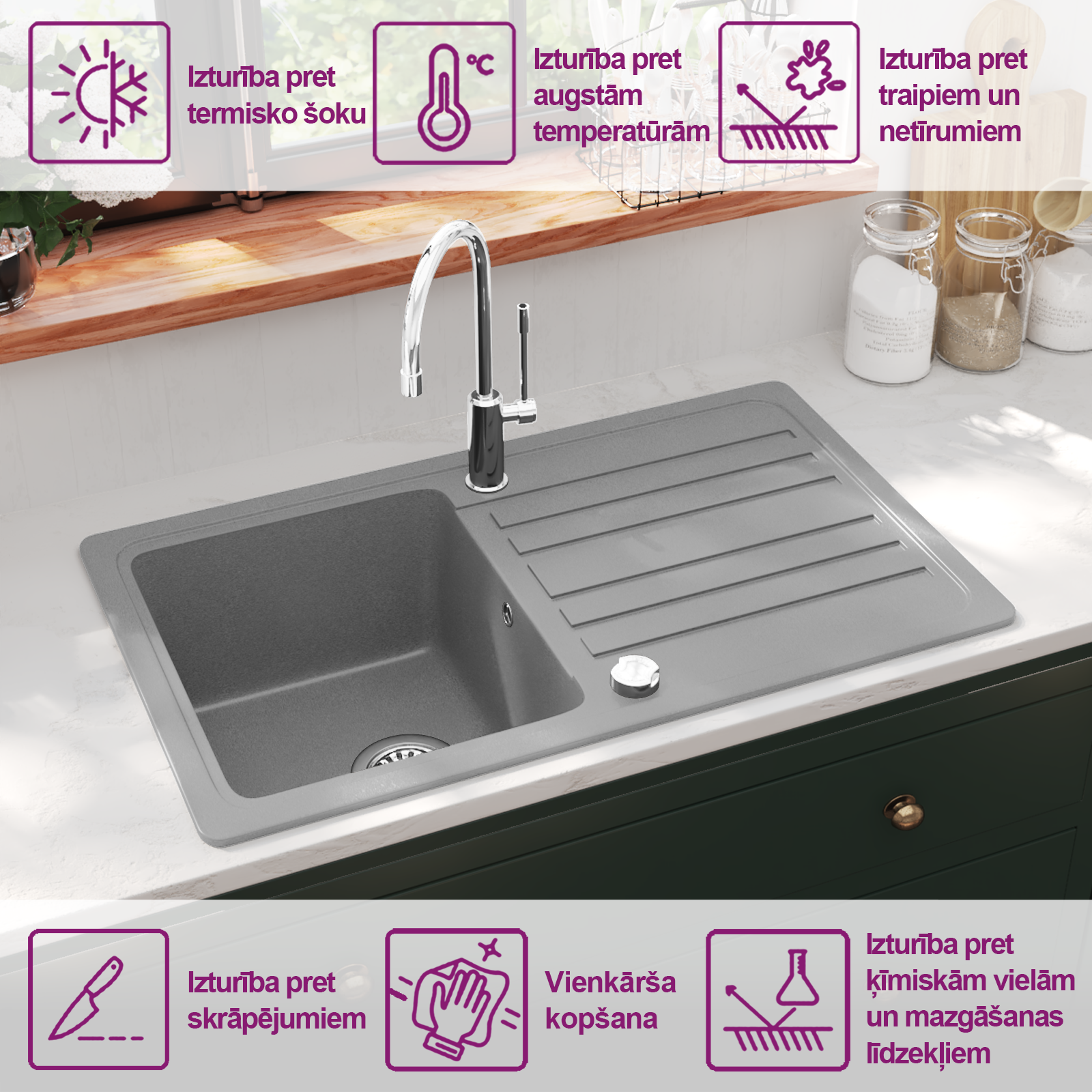 Granite kitchen sink with recess and space for drying, gray