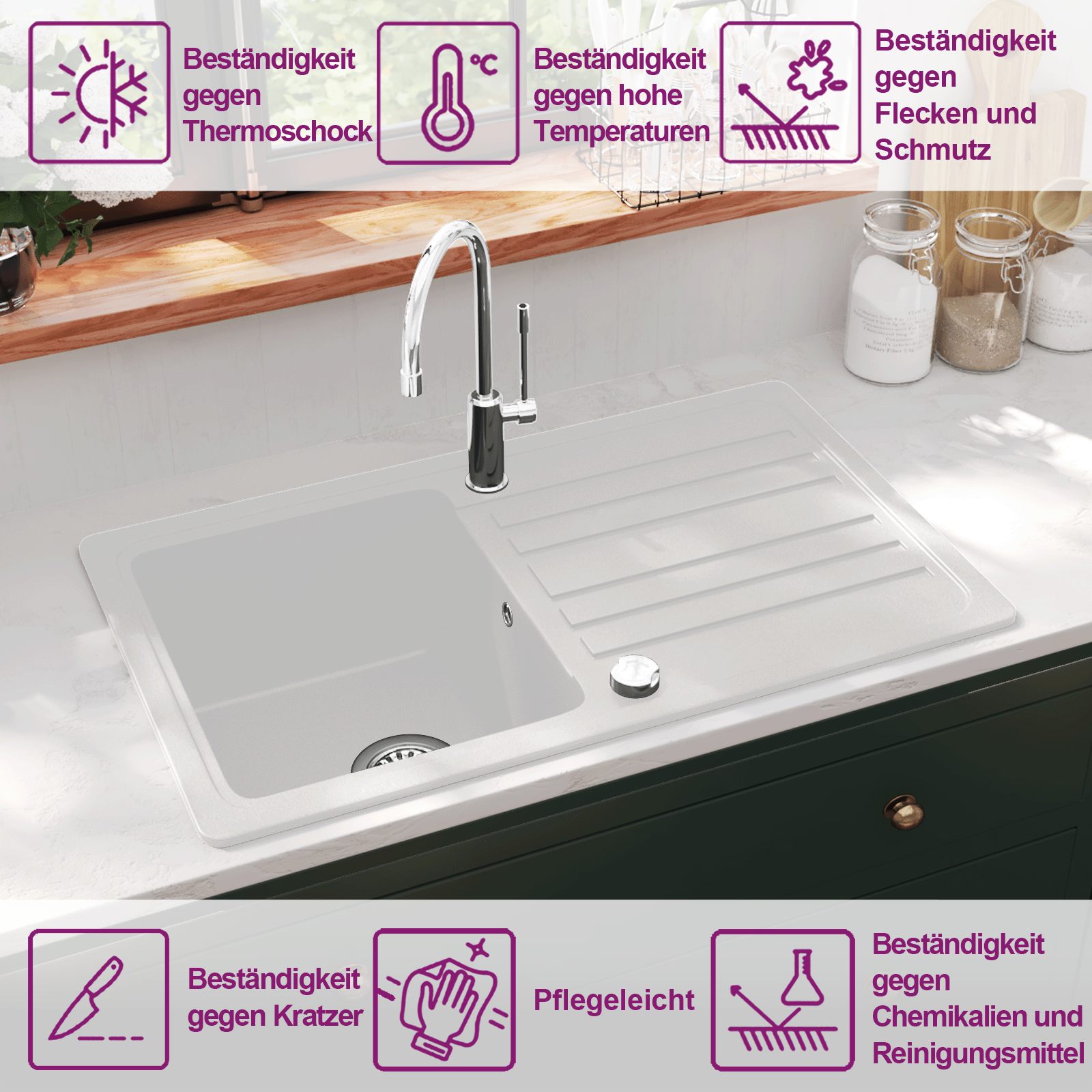 Granitspüle mit Abtropffläche Reversibel Weiß – Ansicht 9