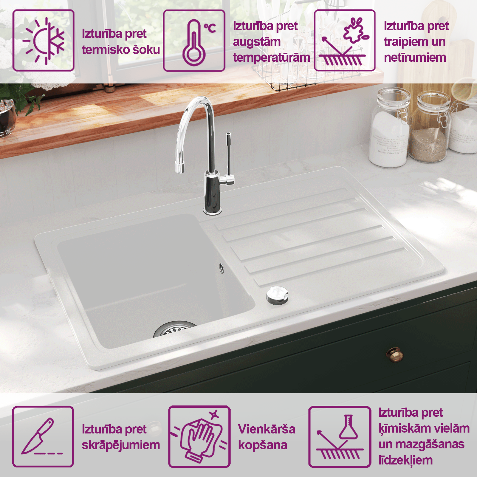 Гранитная кухонная мойка с местом для сушки, белая