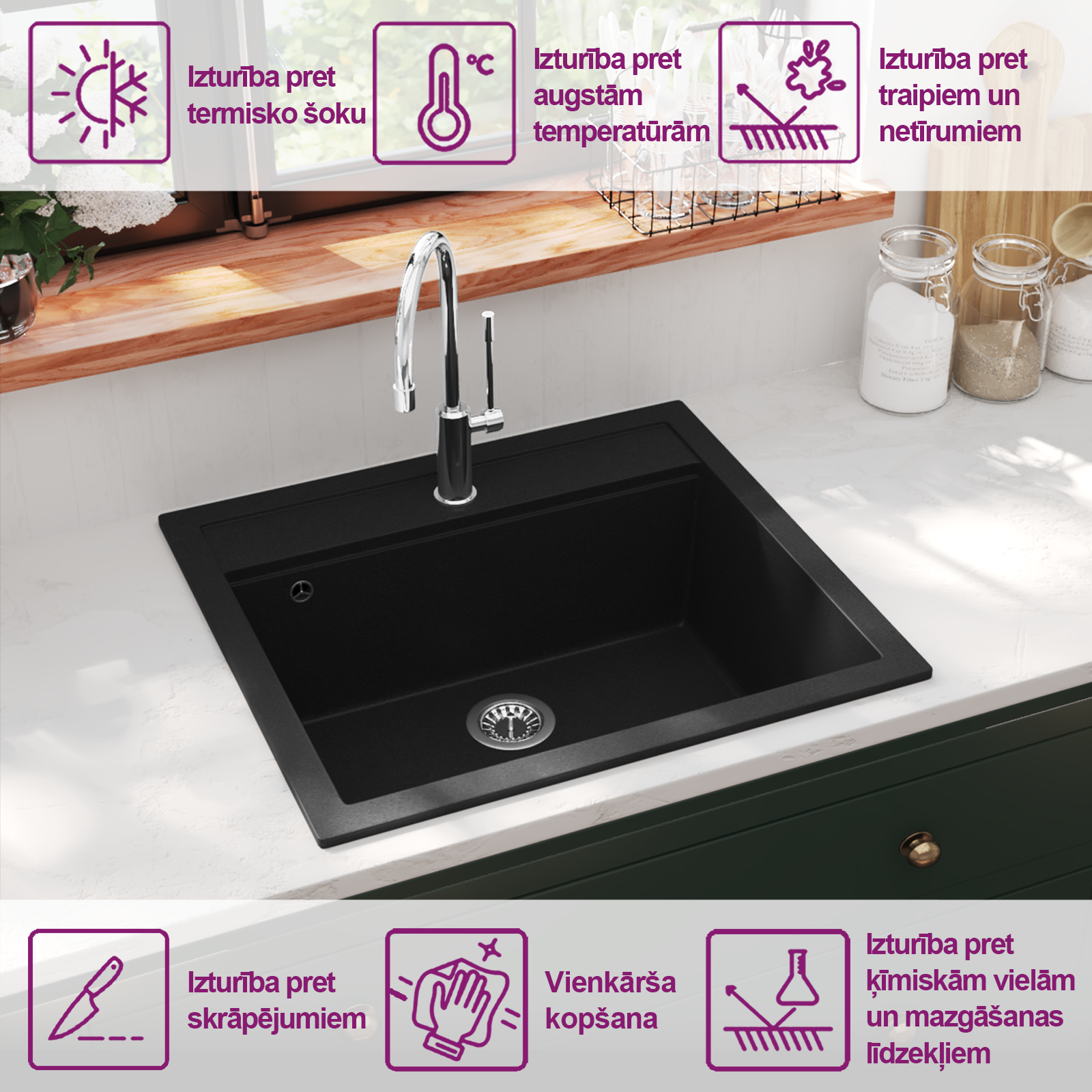 virtuves izlietne, viena bļoda, melna, granīts