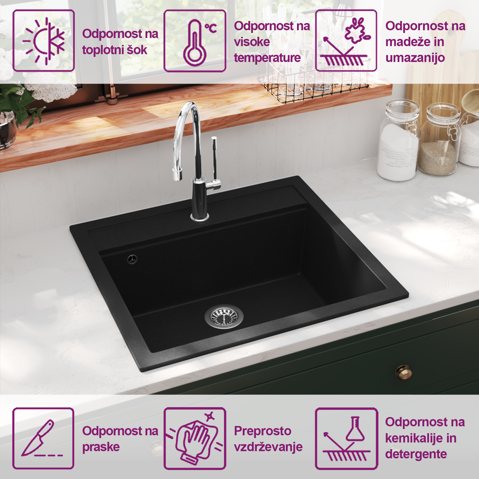 Enojno kuhinjsko pomivalno korito iz granita črno - slika 9