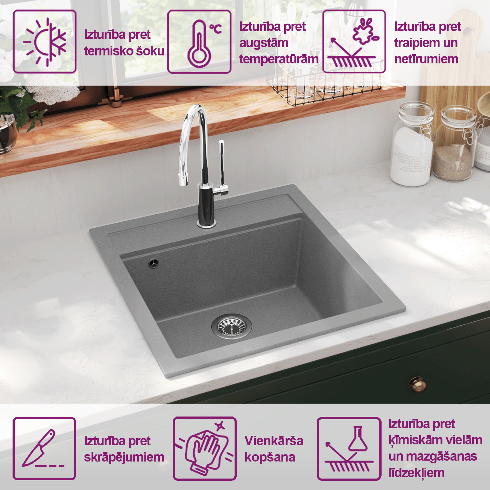 virtuves izlietne, viena bļoda, pelēka, granīts