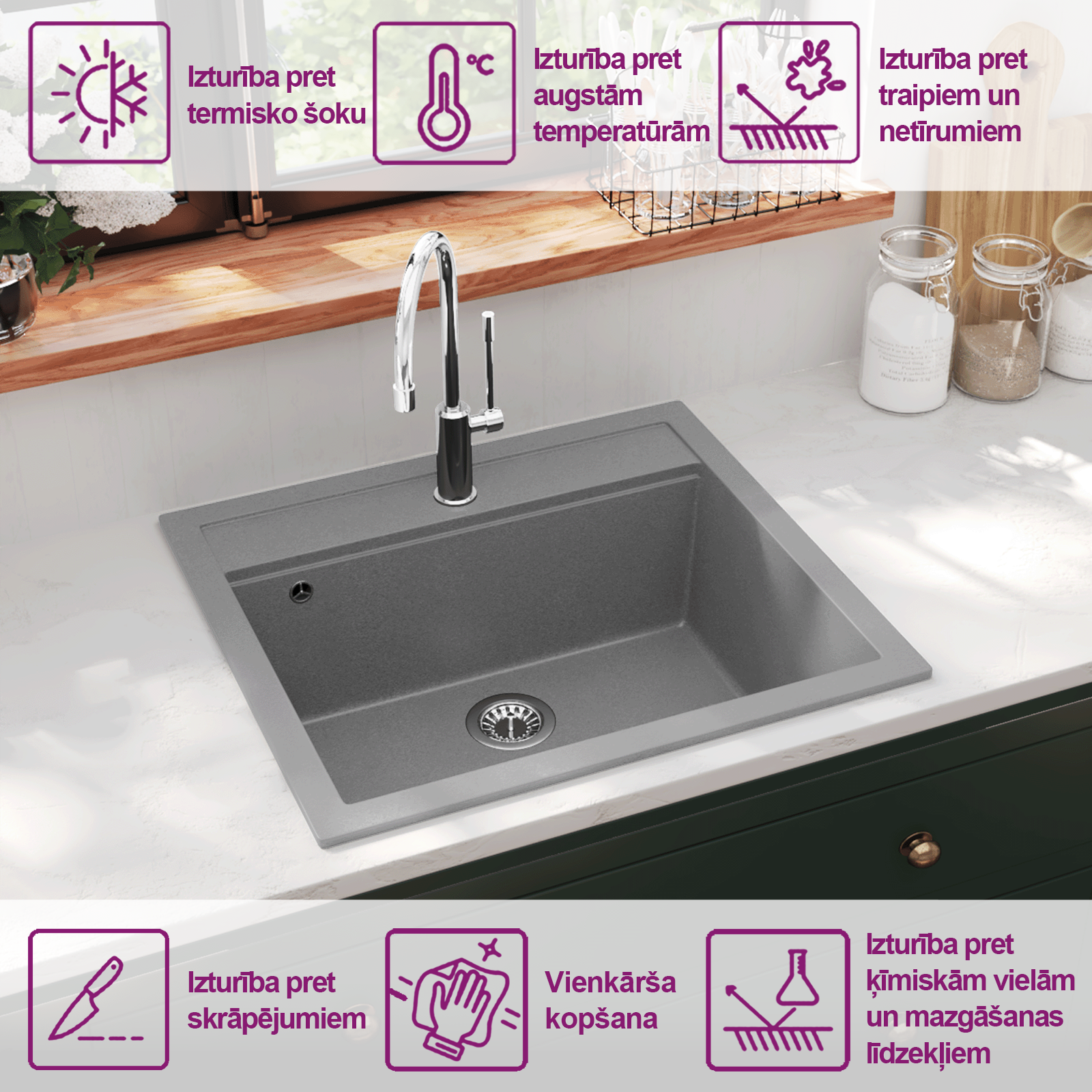 virtuves izlietne, viena bļoda, pelēka, granīts