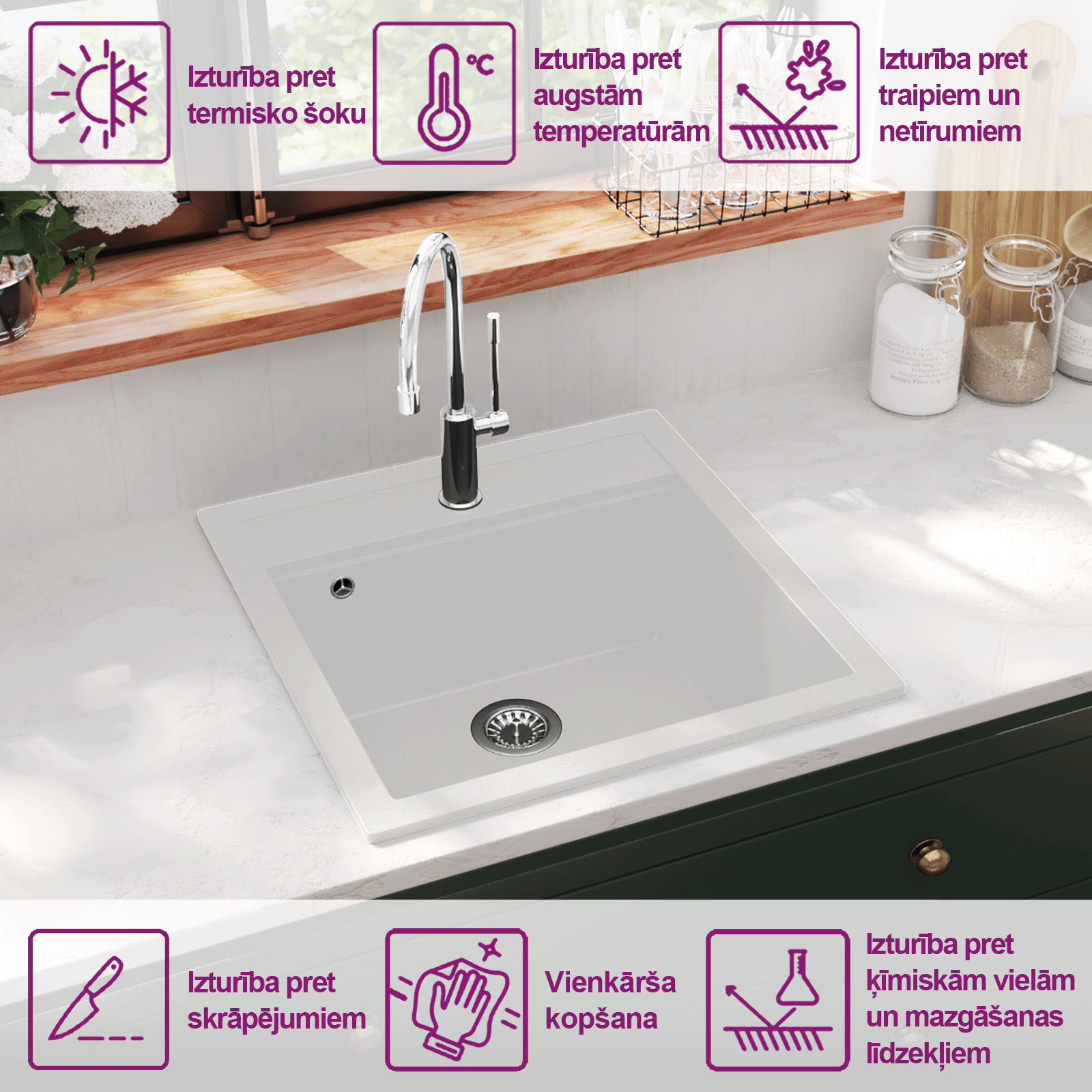 virtuves izlietne, viena bļoda, balts granīts