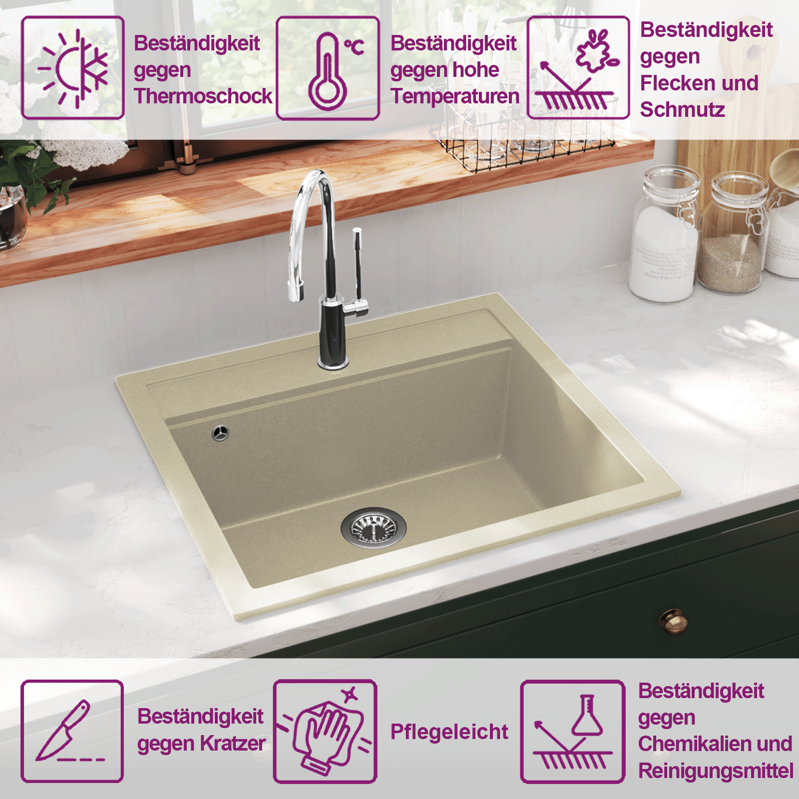 Granitspüle Einzelbecken Beige – Ansicht 9