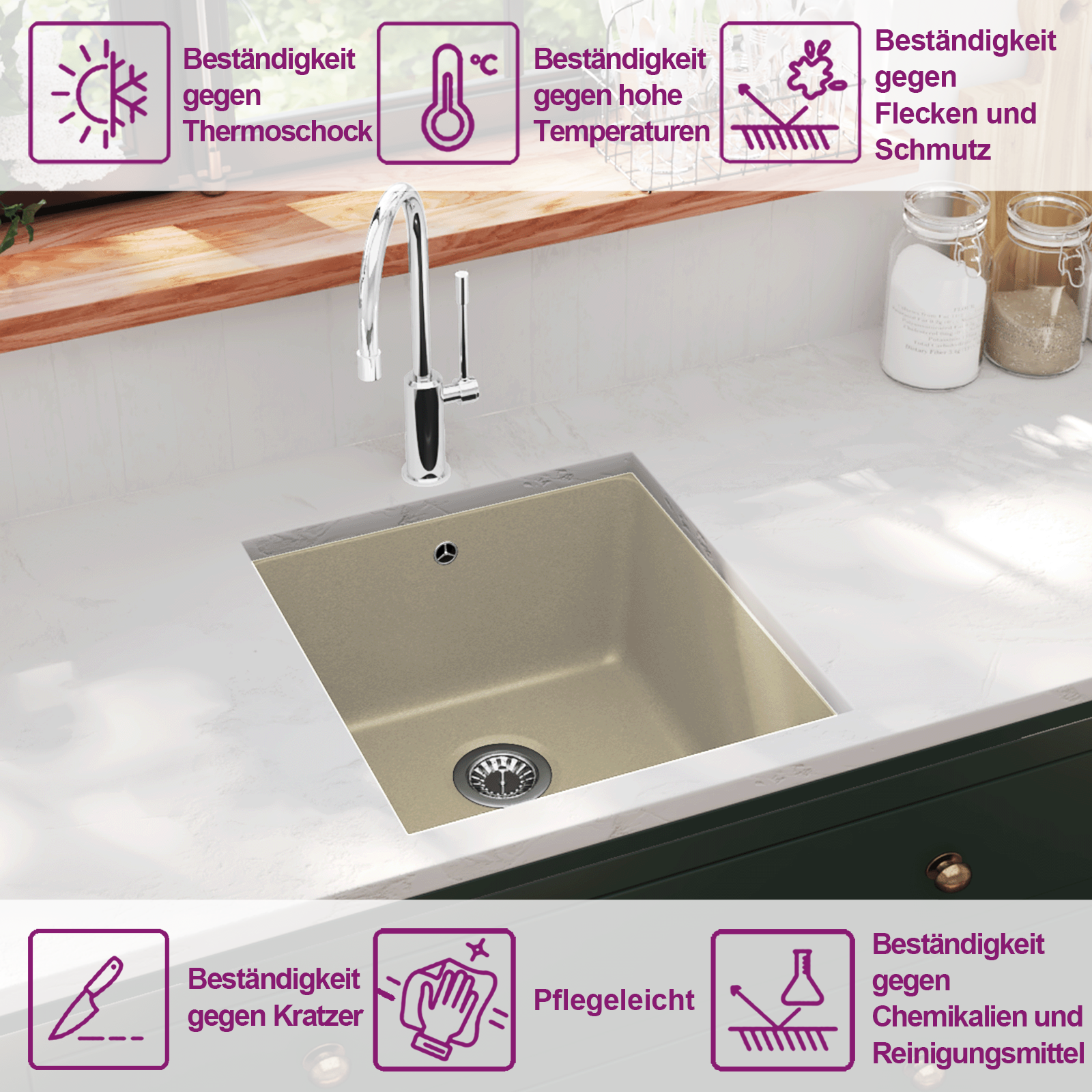 Granitspüle Einzelbecken Beige – Ansicht 9