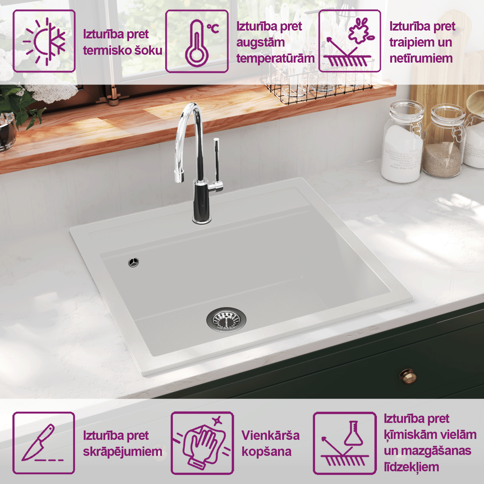 virtuves izlietne, viena bļoda, balts granīts