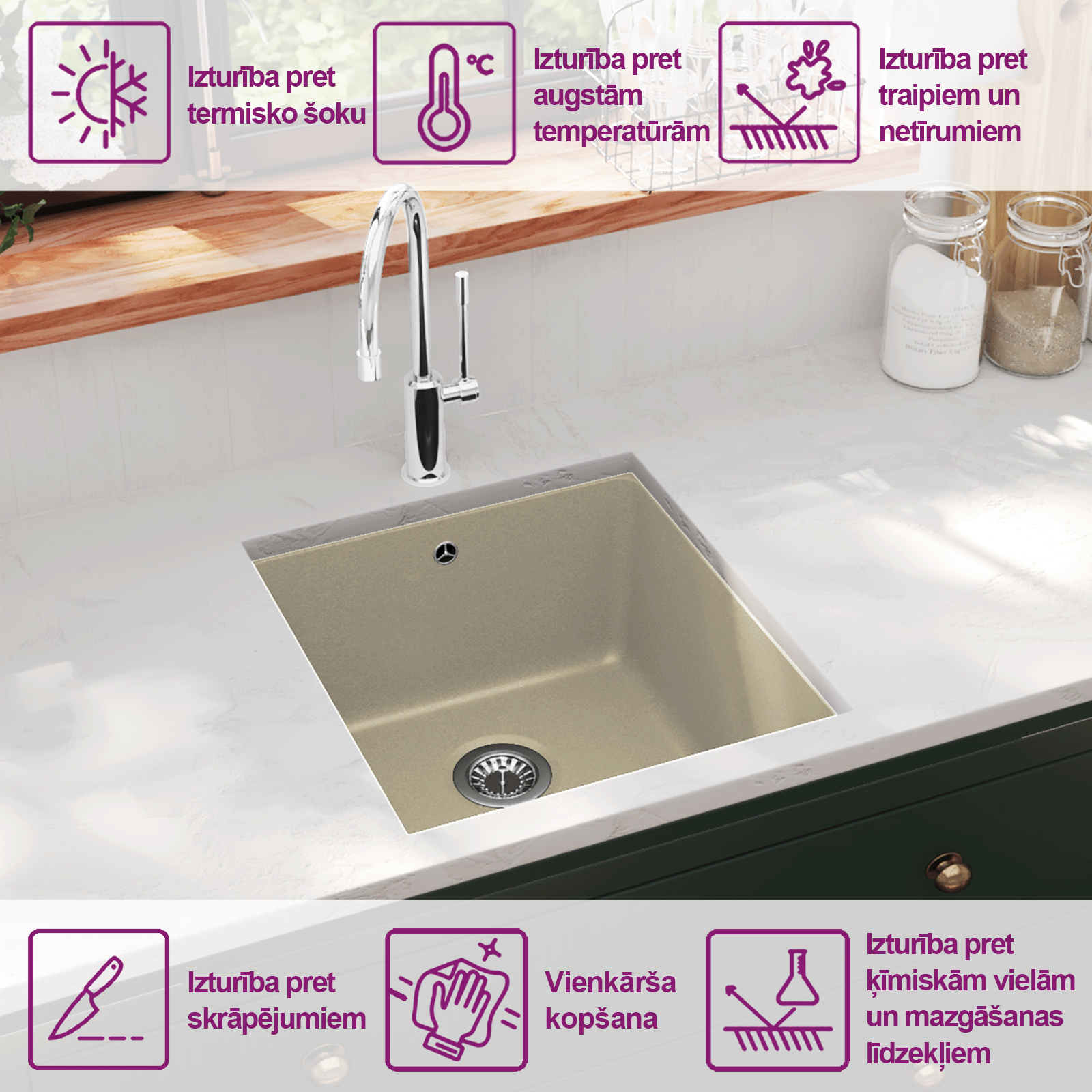 virtuves izlietne, viena bļoda, bēšs granīts