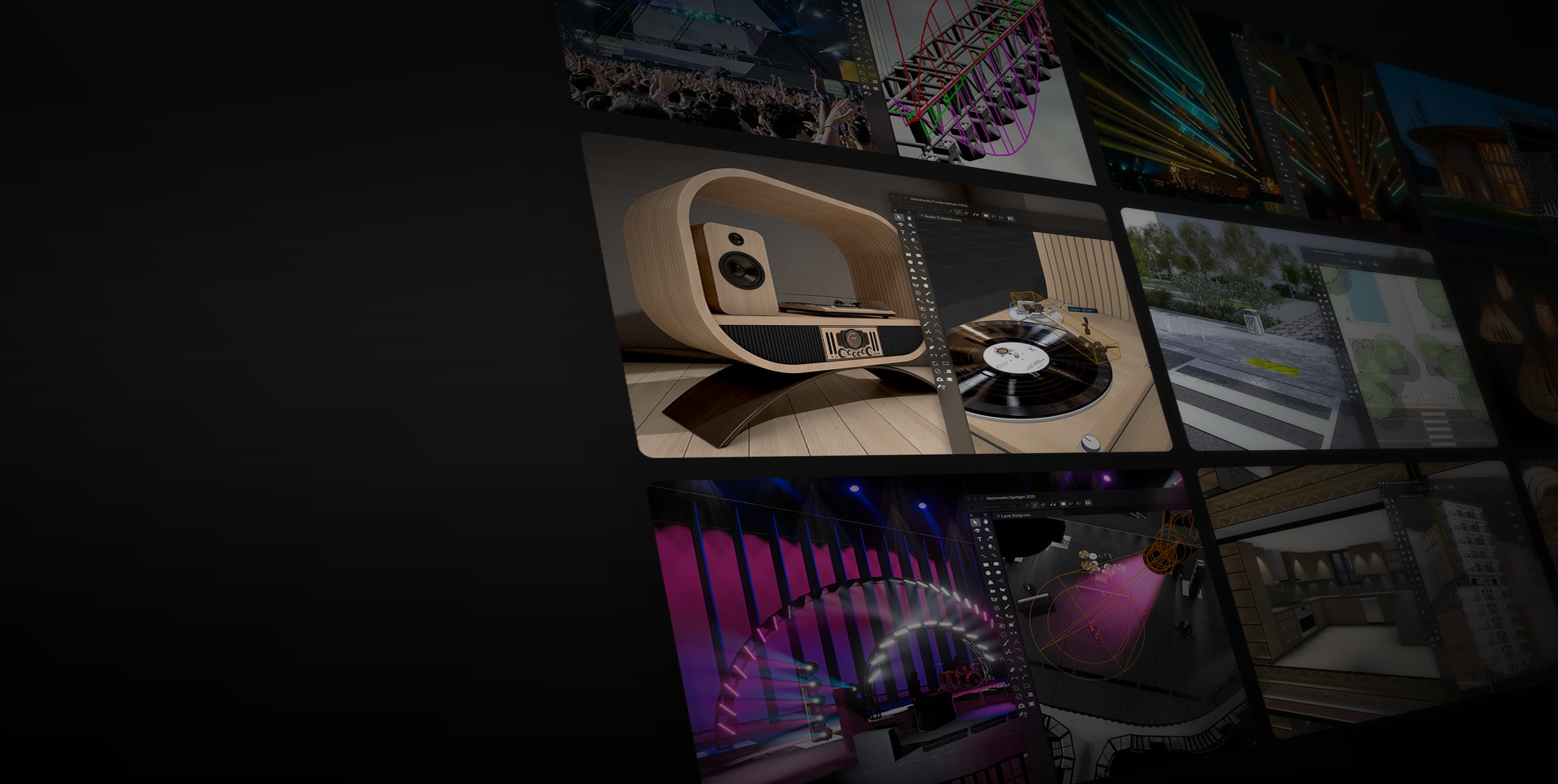 A digital collage of 3D design renderings, including a modern wooden speaker, a turntable, stage lighting setups, and architectural visualizations created in Vectorworks