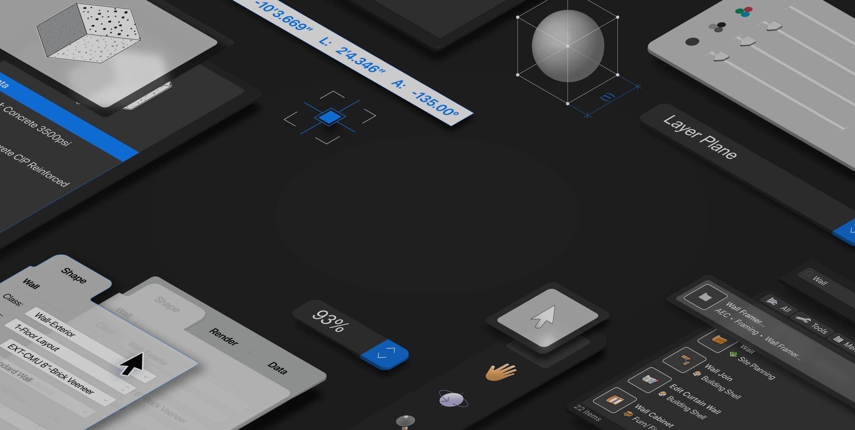 A digital illustration of various Vectorworks 3D modeling and design interface elements