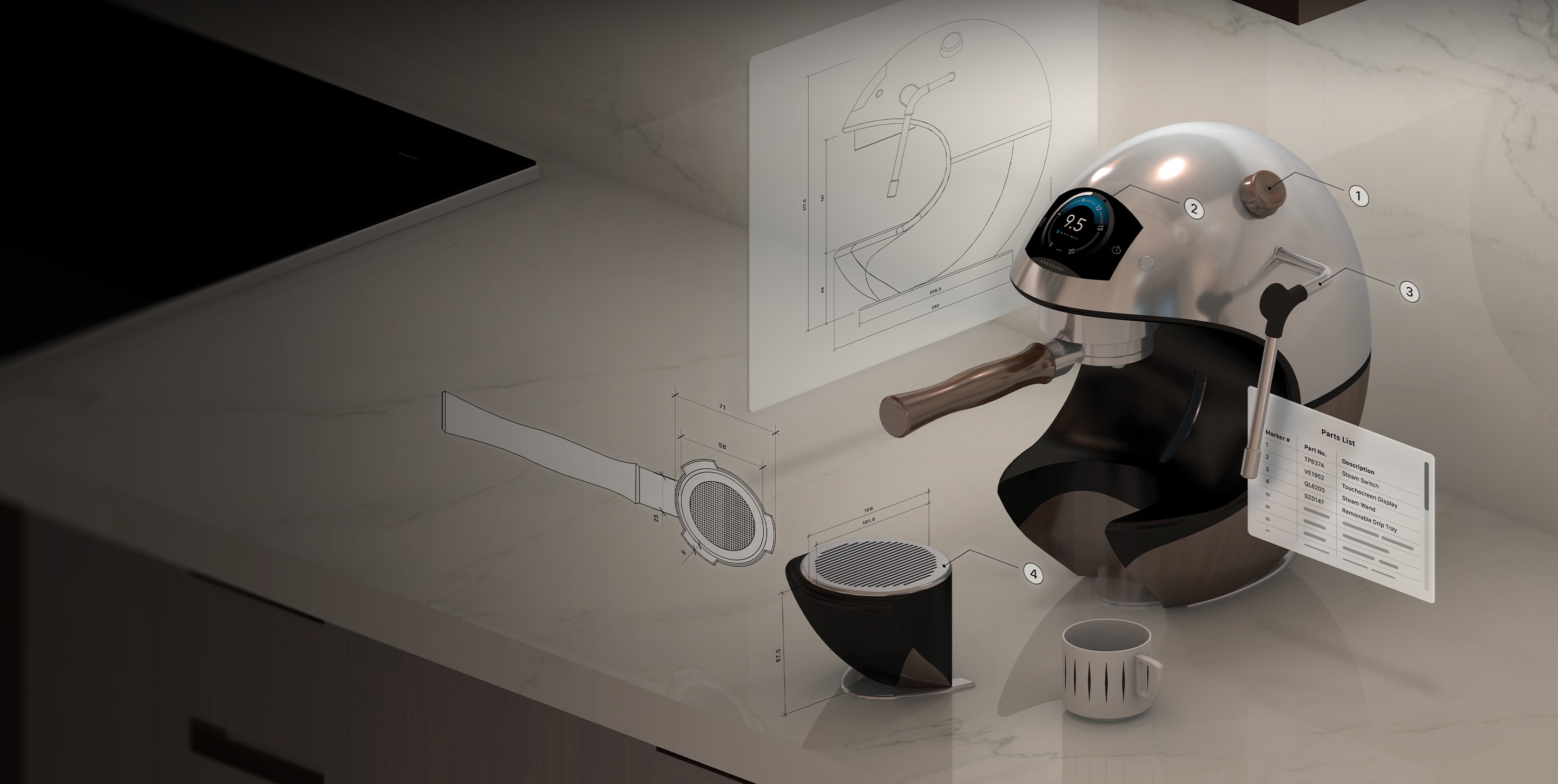 Modern wooden turntable with vinyl, 3D modelling tools, and rotation axes within Vectorworks Fundamentals.