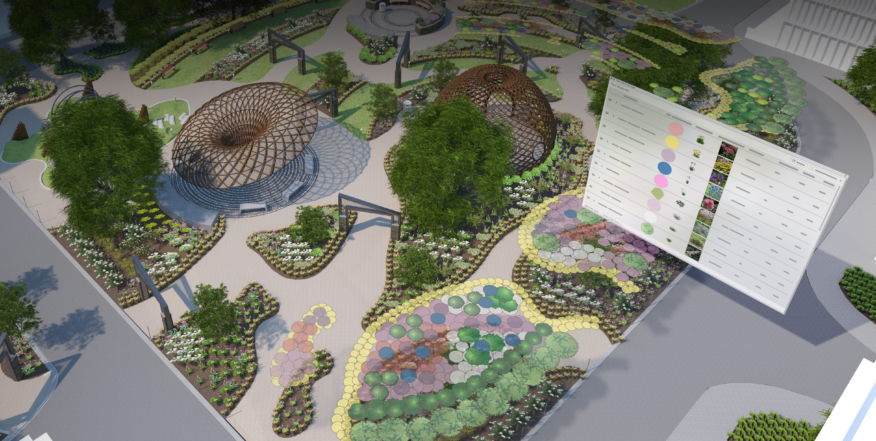 3D site plan with colour-coded buildings, trees, and data visualisation within Vectorworks Landmark.