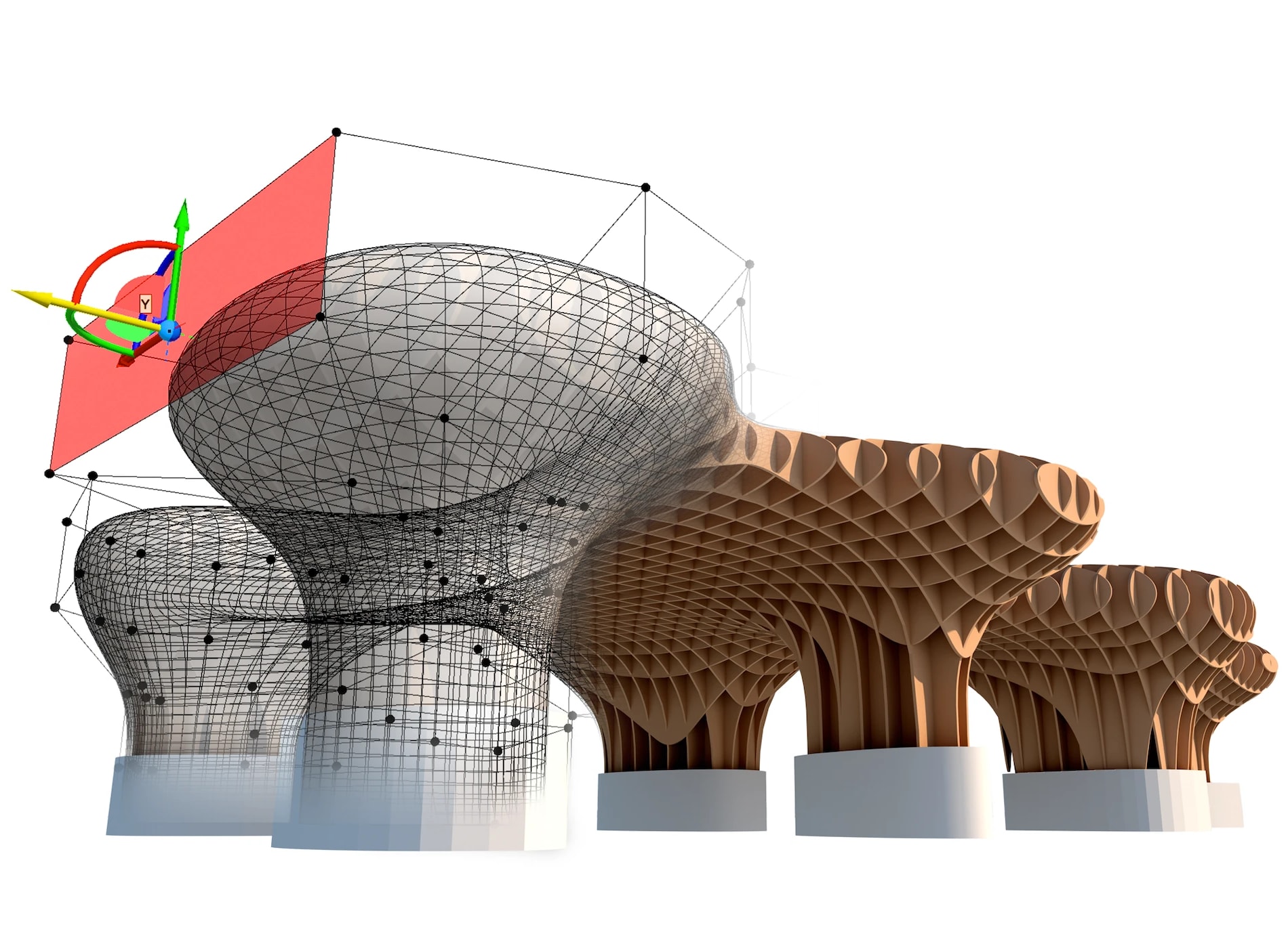 Transition from architectural shapes to 3D modeling, showing a mesh structure, control points, and geometric transformation tools.