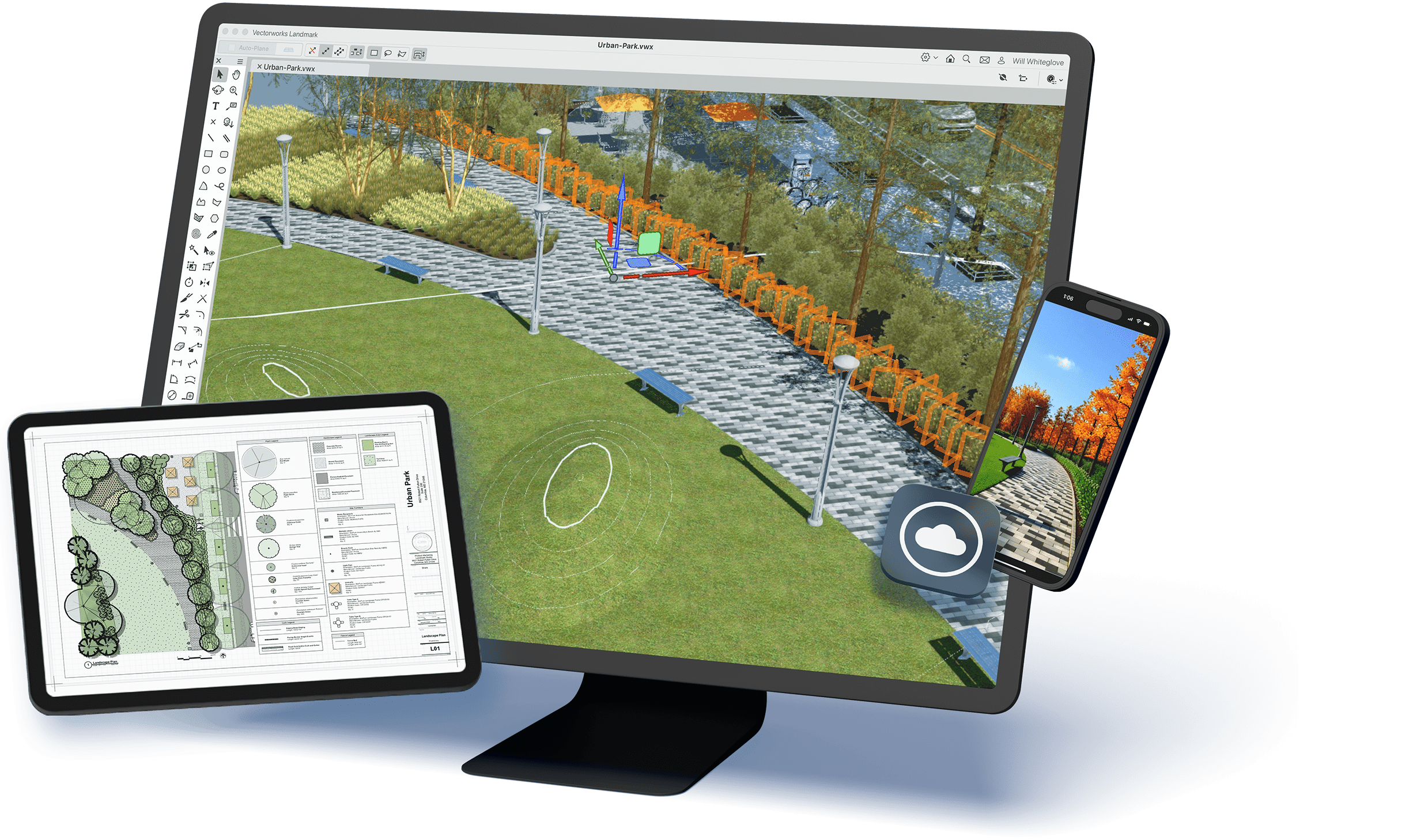 A computer screen showing a 3D rendering of an urban park in Vectorowrks software. An iPad screen with a plan view of the park. An iPhone showing a 3D rendering of the park