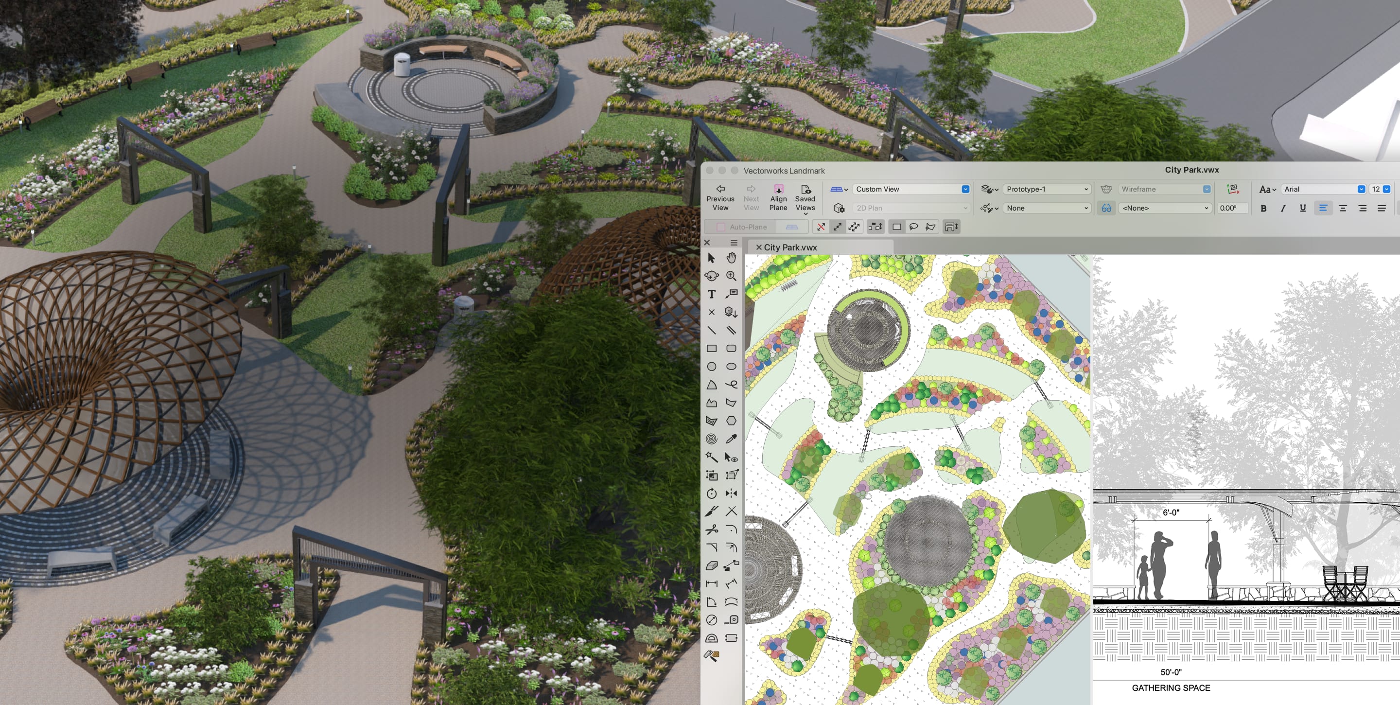 3D rendering of an urban park in the background overlaid with plan elevation views of the park design in Vectorworks software