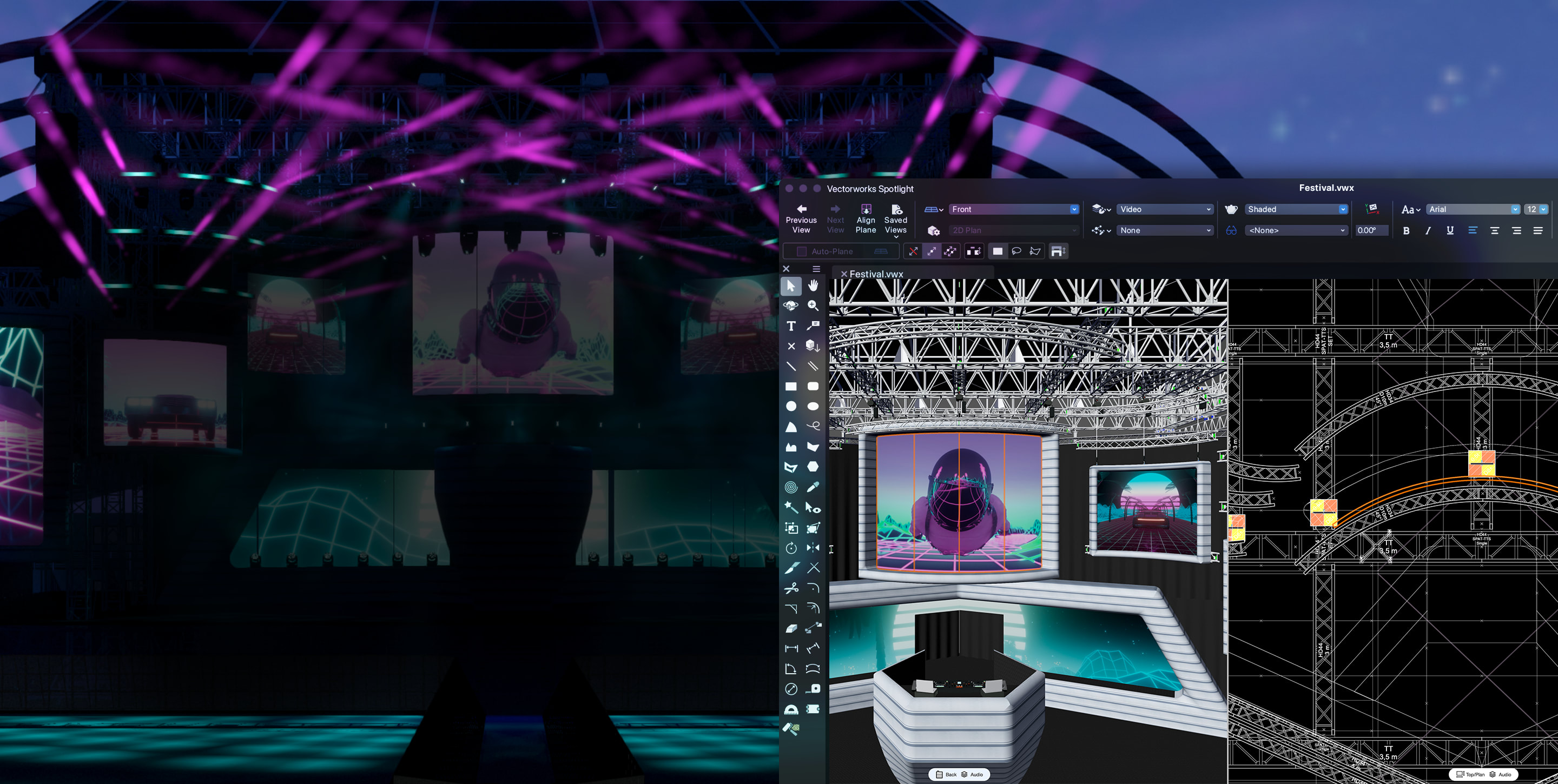 In the background, a 3D rendering of an outdoor concert stage with pink and blue lights and images of astronauts on large screens. In the foreground, the same 3D view and a light plot inside Vectorworks software.