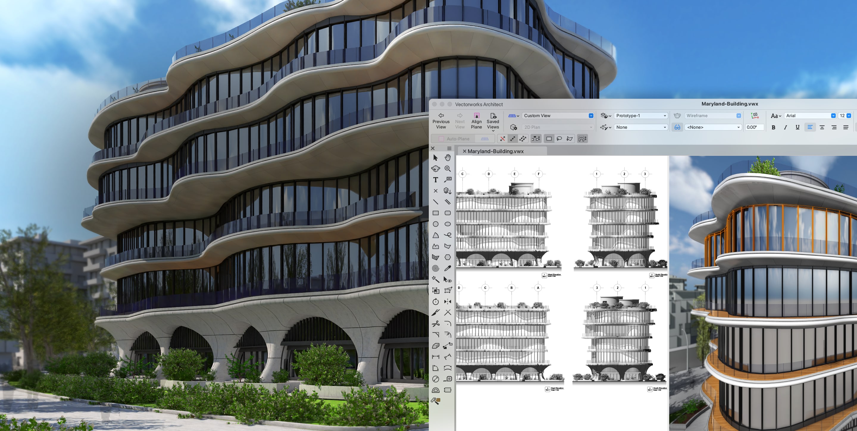 A modern architectural rendering of a curving, multi-story glass building with flowing white balconies, shown alongside a Vectorworks design software window displaying technical elevation drawings and a color 3D model.