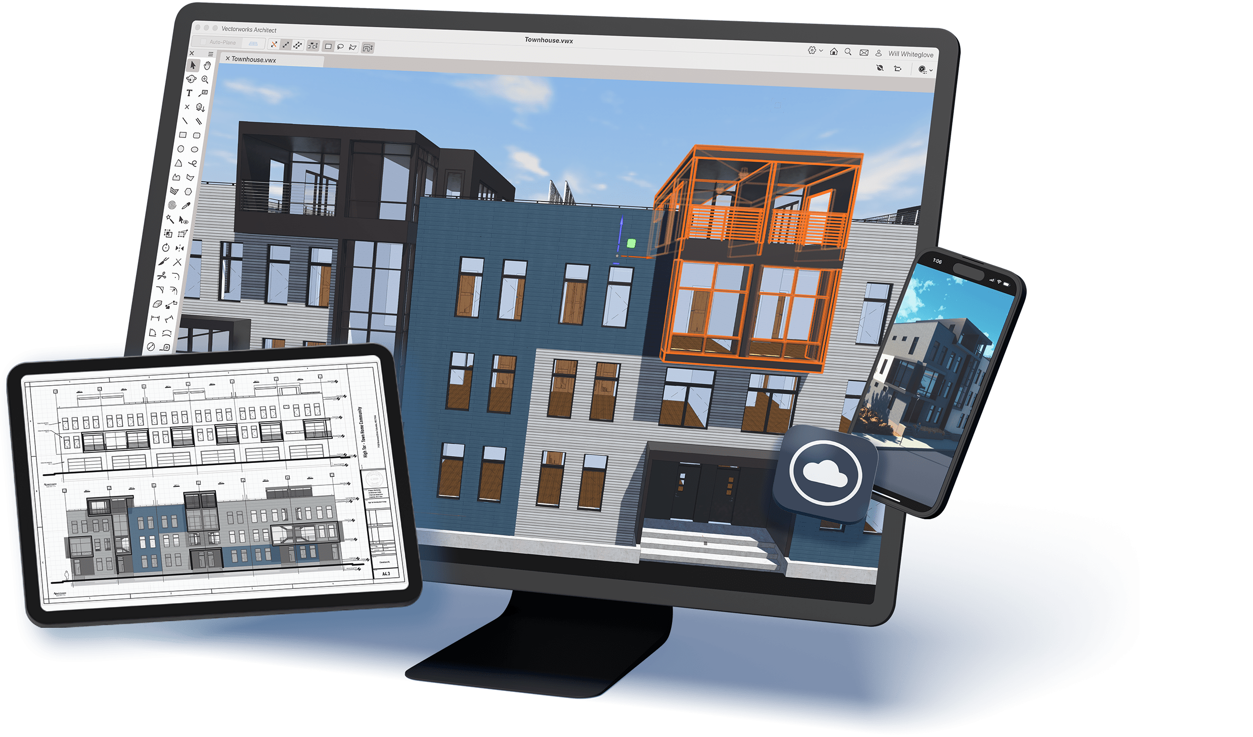 A desktop monitor displays a 3D townhouse model in Vectorworks' architectural design software, with a tablet showing a floor plan floating in front and a smartphone showing an AI visualization of the model floating next to it, suggesting wide capabilities.
