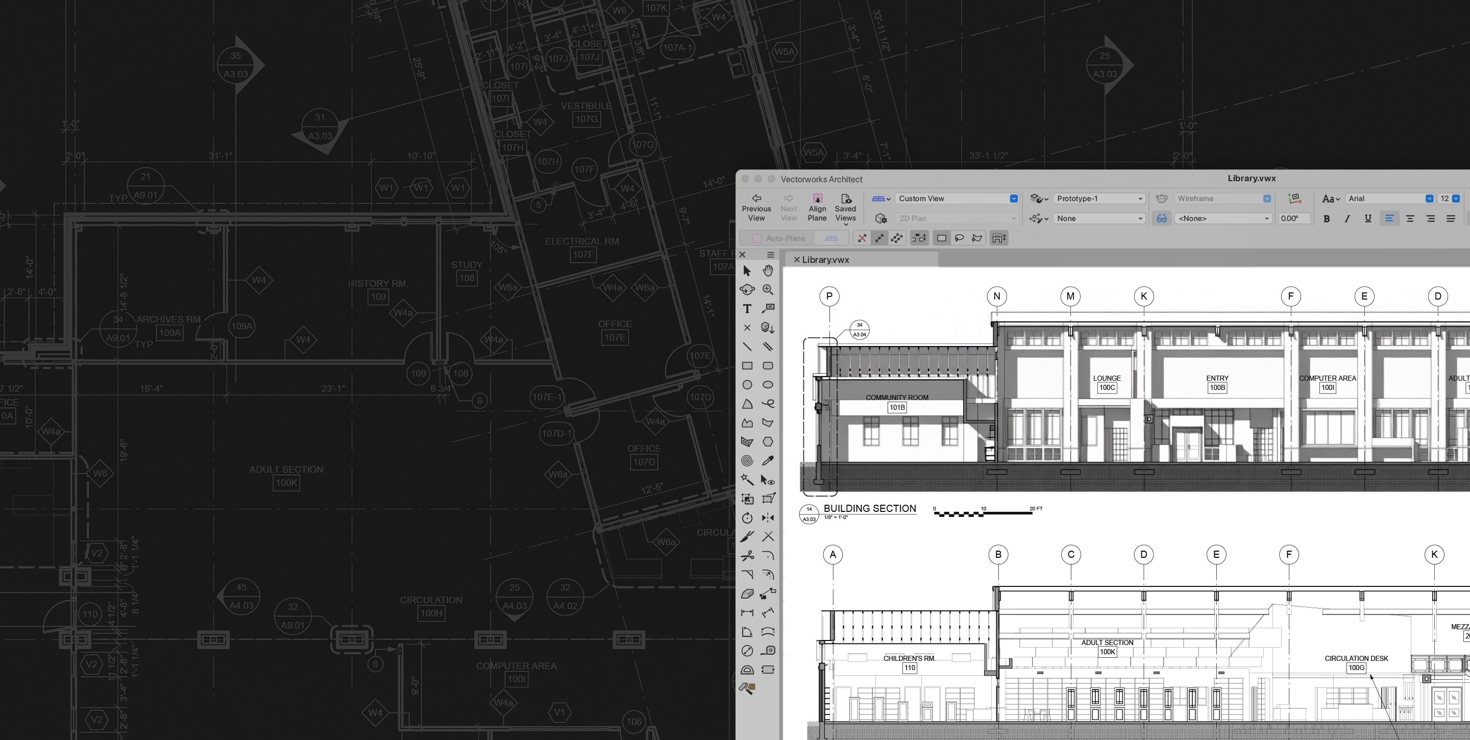 Vectorworks software displaying detailed building section drawings overlaid on a dark background of technical floor plan blueprints.