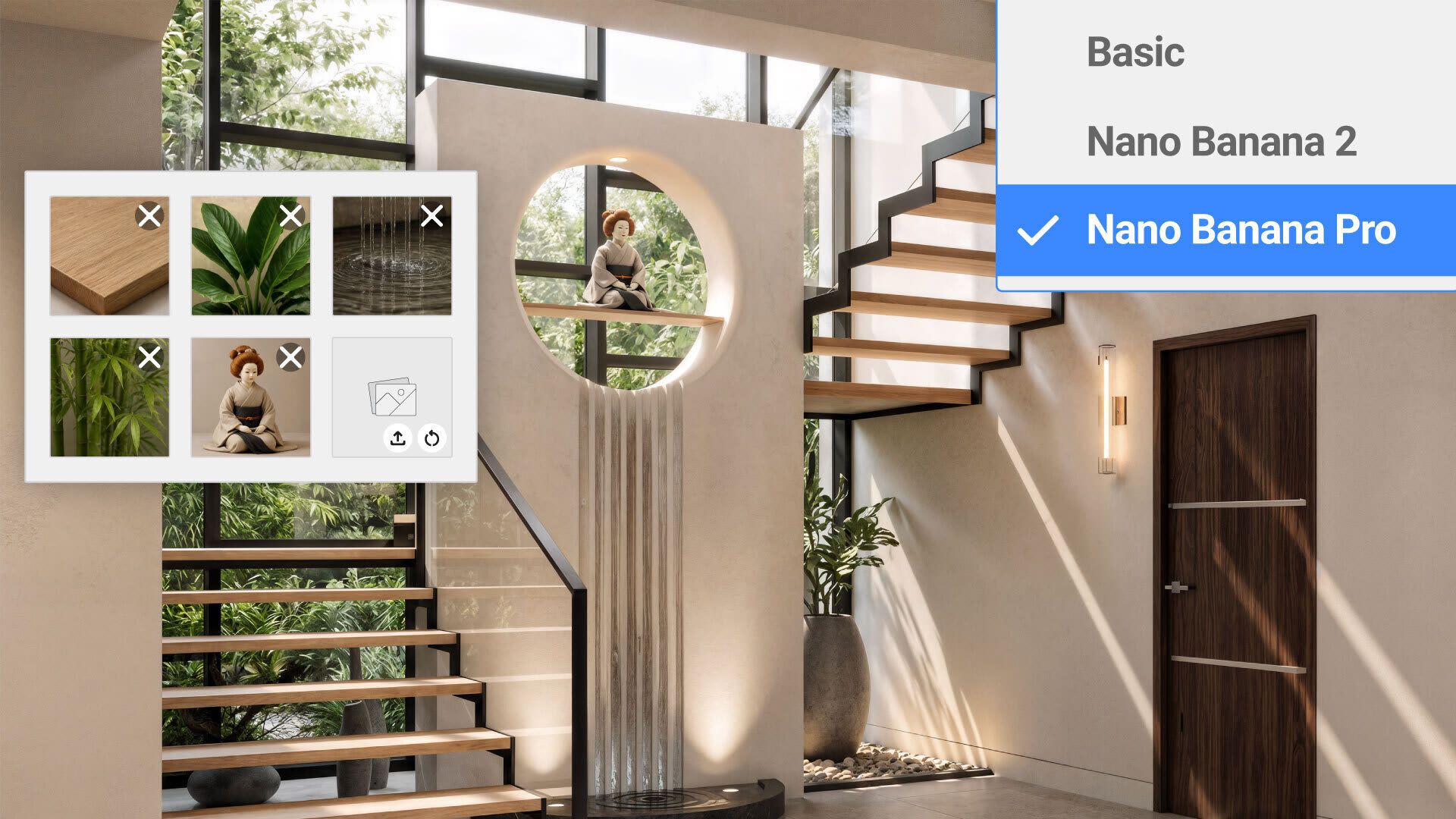 A modern interior featuring a staircase and a circular wall niche with a meditating figure, overlaid with a selection menu and a gallery of image thumbnails.