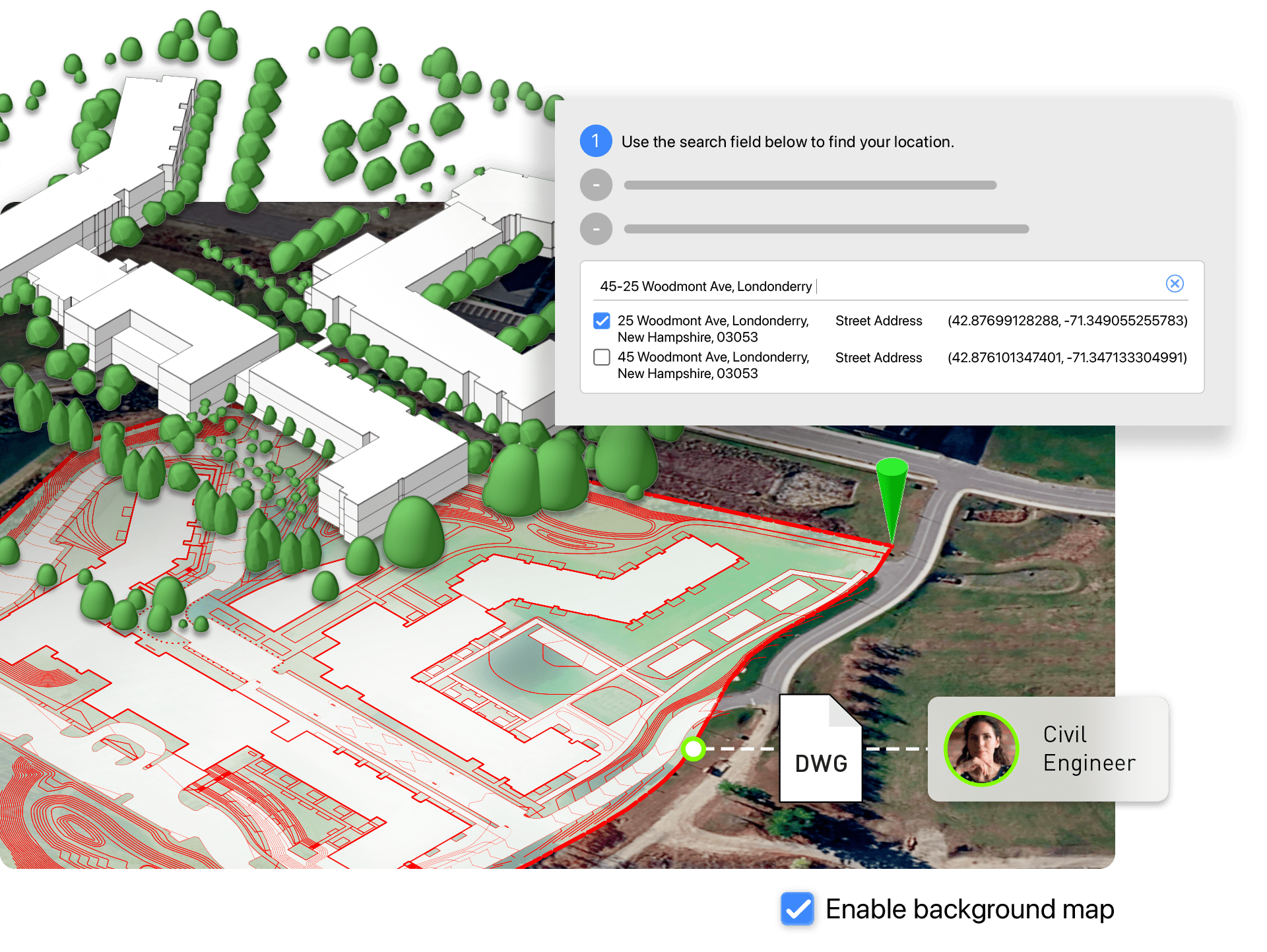 A digital architectural overlay with red site plans and white 3D building models sits atop a satellite map background, accompanied by a location search pop-up and a civil engineer profile.