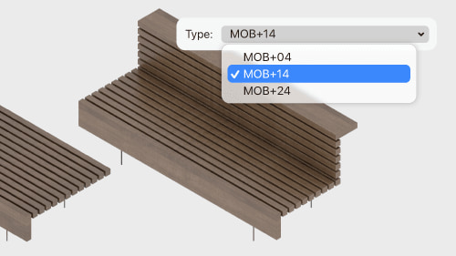 A wooden slatted bench sits in the foreground against a plain light gray background, with a digital selection menu overlaid on top.
