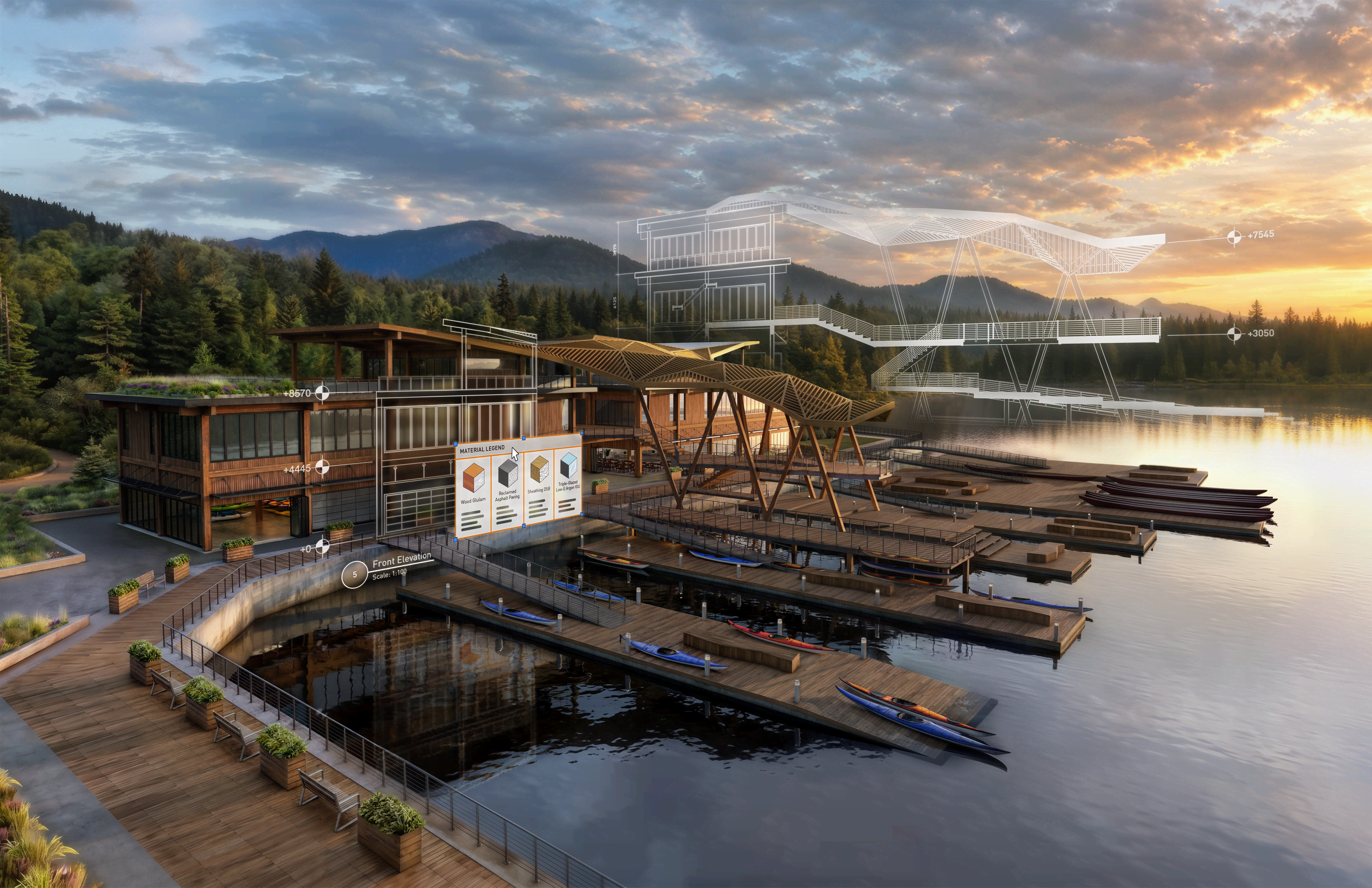 A modern wooden boathouse with docks and kayaks sits in the foreground, set against a backdrop of forested mountains under a sunset sky.