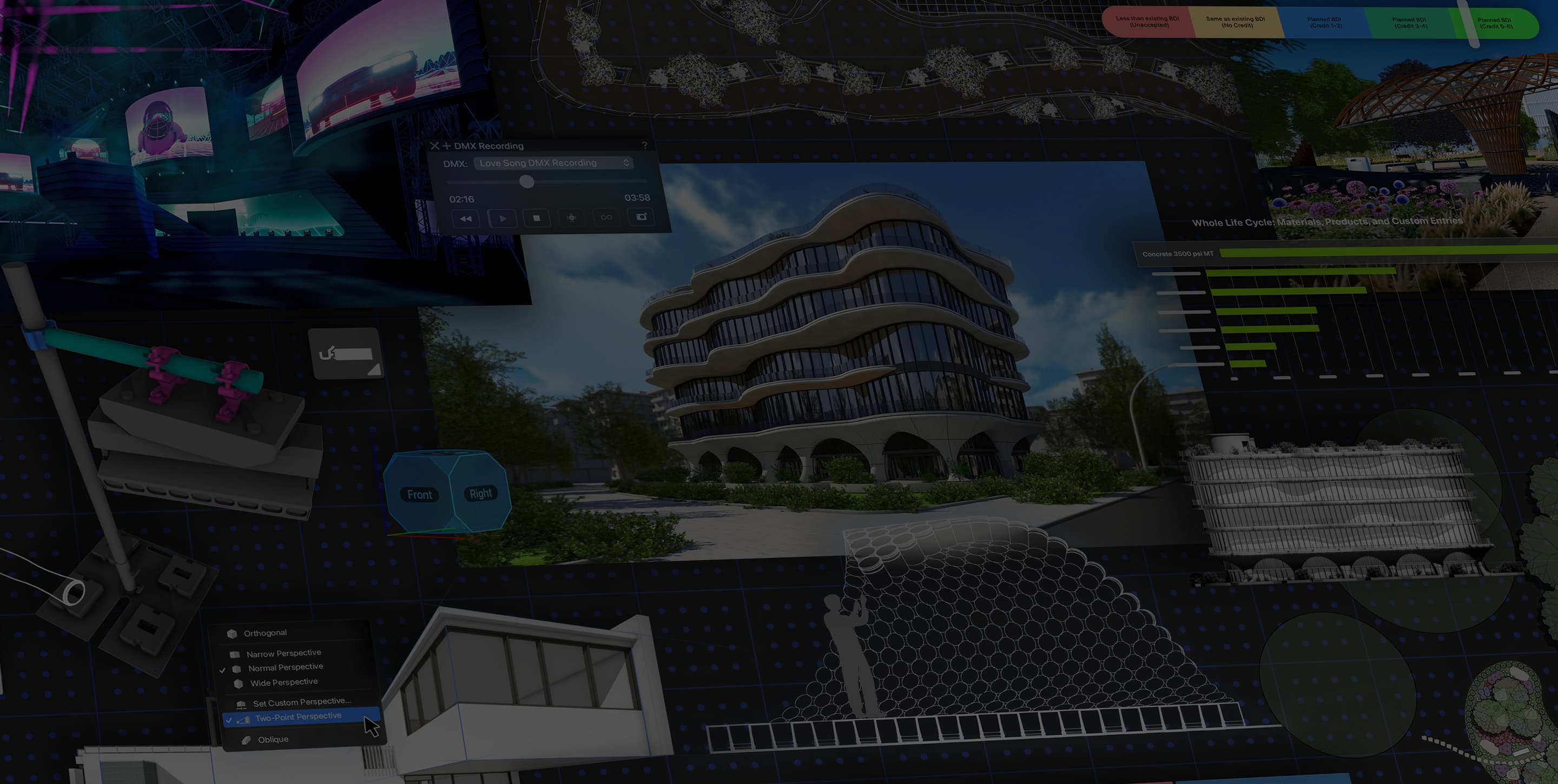 A digital collage showing architectural, landscape, and entertainment design renderings, building models, charts, and construction documents in a modern design workflow