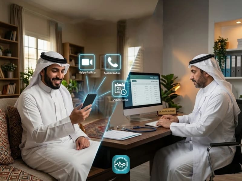 حجوزات واستشارات طبية حضوريًا وعن بُعد: مكالمة واستشارة هاتفية، مكالمة واستشارة مرئية، ومحادثة نصية