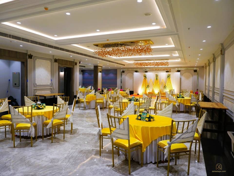 Indoor banquet room with round dining tables