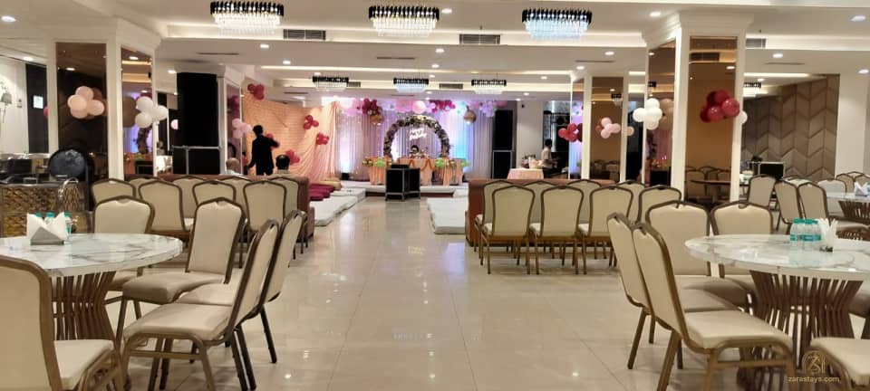 Banquet seating viewed along the room