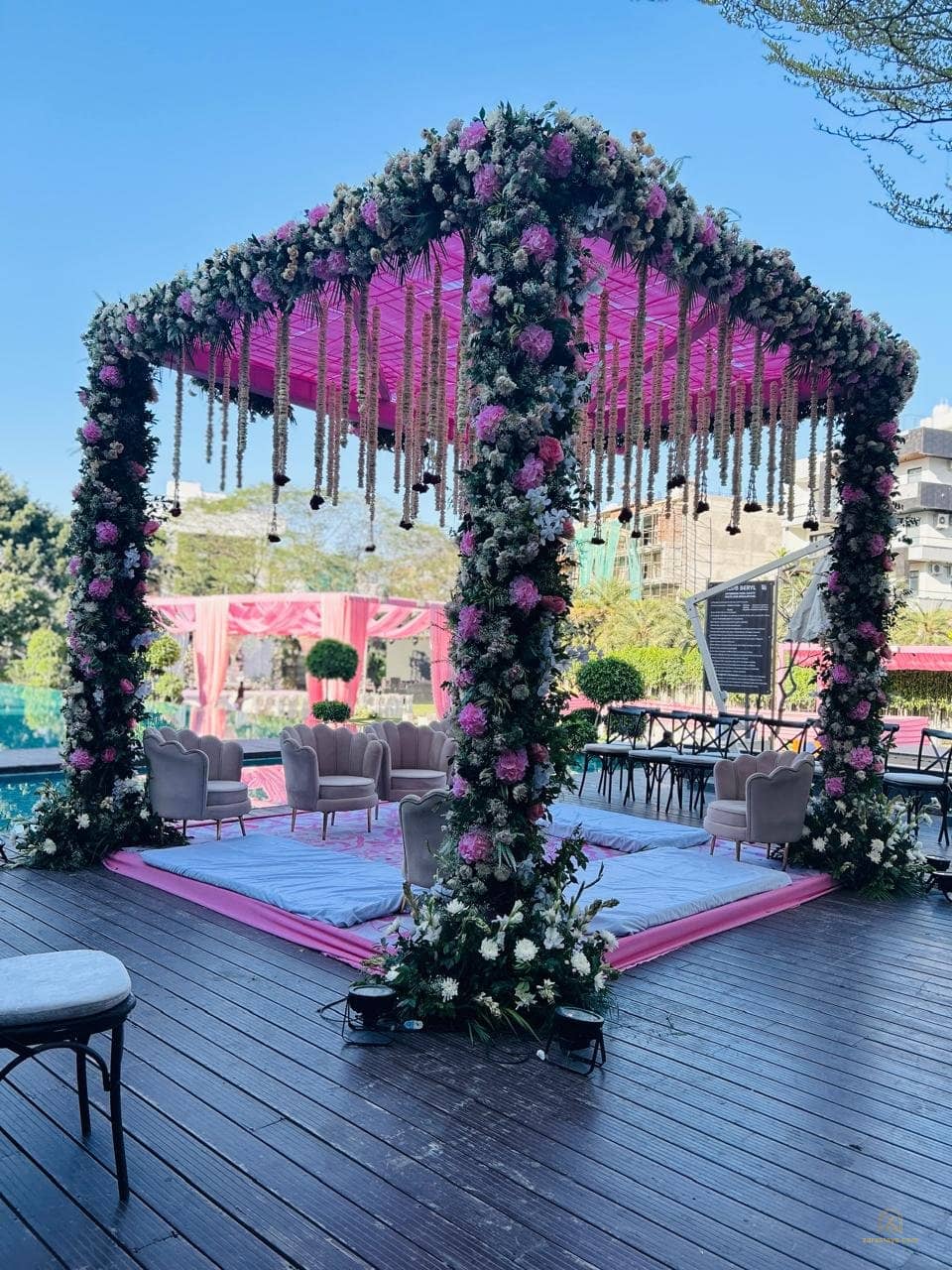 Outdoor ceremony canopy on a raised deck